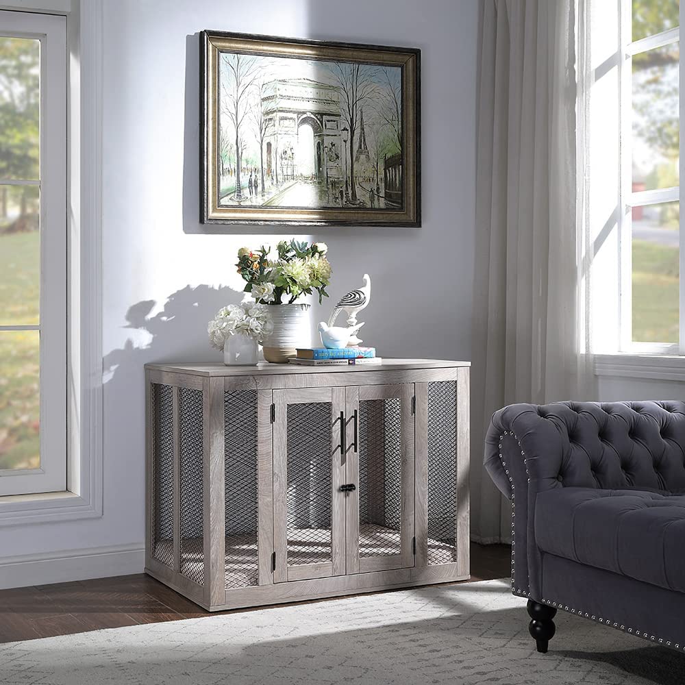 【Pet】Furniture Style Dog Crate with Cushion & Tray, Mesh Dog Kennels, End Table Dog House