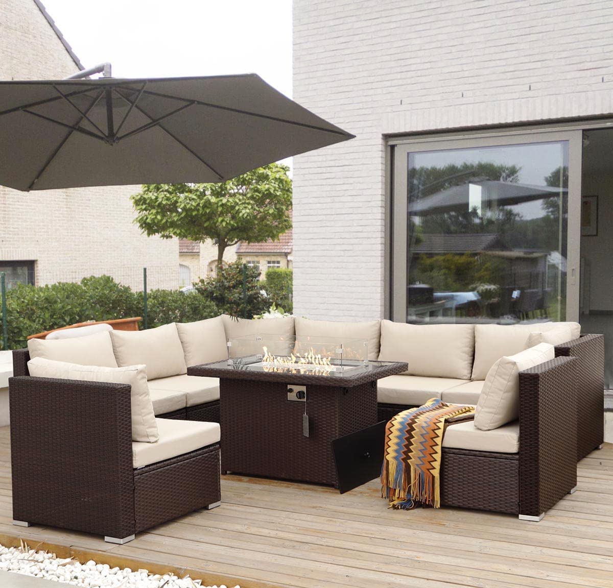 【Home&Garden】Large Size High Back PE Rattan Patio Furniture Sectional Sofa Sets with Fire Pit Table