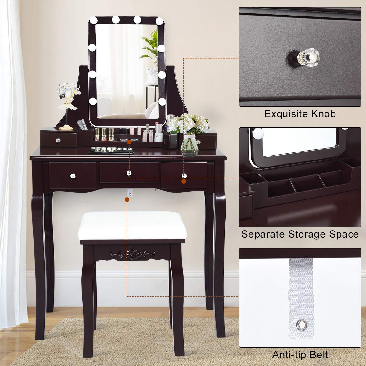 【Furniture】Vanity Set with Lighted Mirror, 10 Dimmable Light Bulbs Vanity 5 Drawer