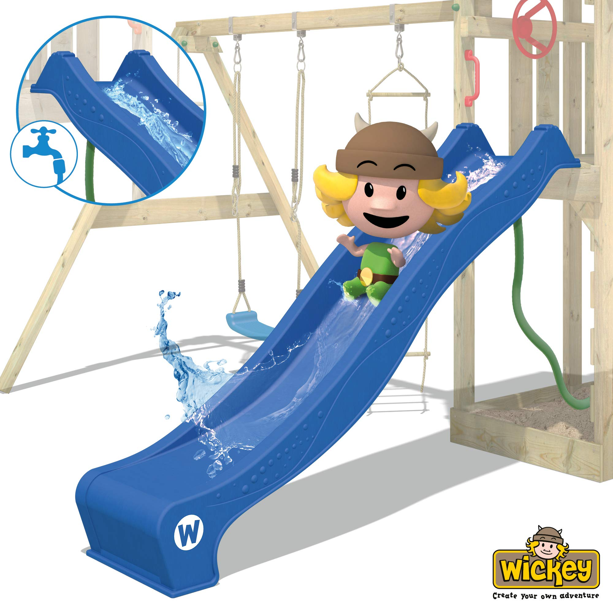 【Baby&Kids】Wooden climbing frame TurboFlyer with swing set and blue slide, Garden playhouse