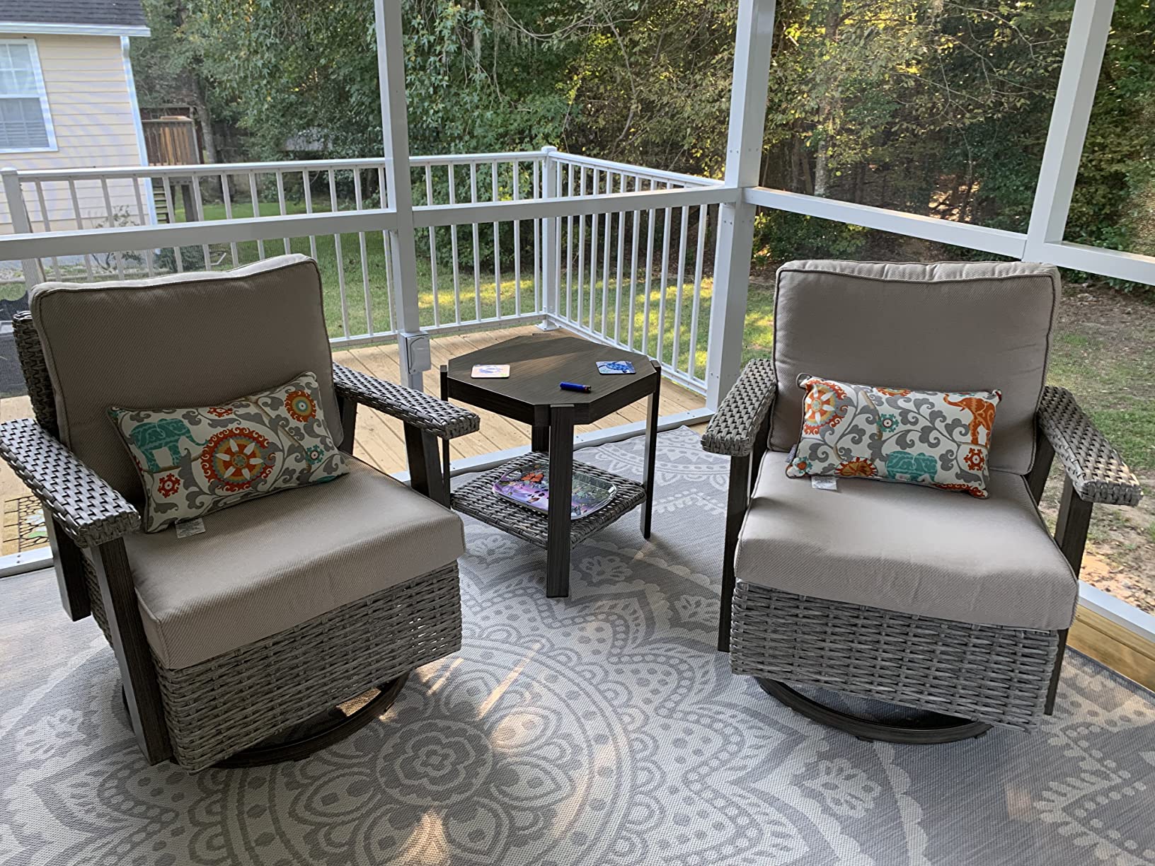 【Furniture】Outdoor Swivel Rocker Patio Chairs Sets of 2 and Matching Side Table - 3 Piece Wicker Patio Bistro Set