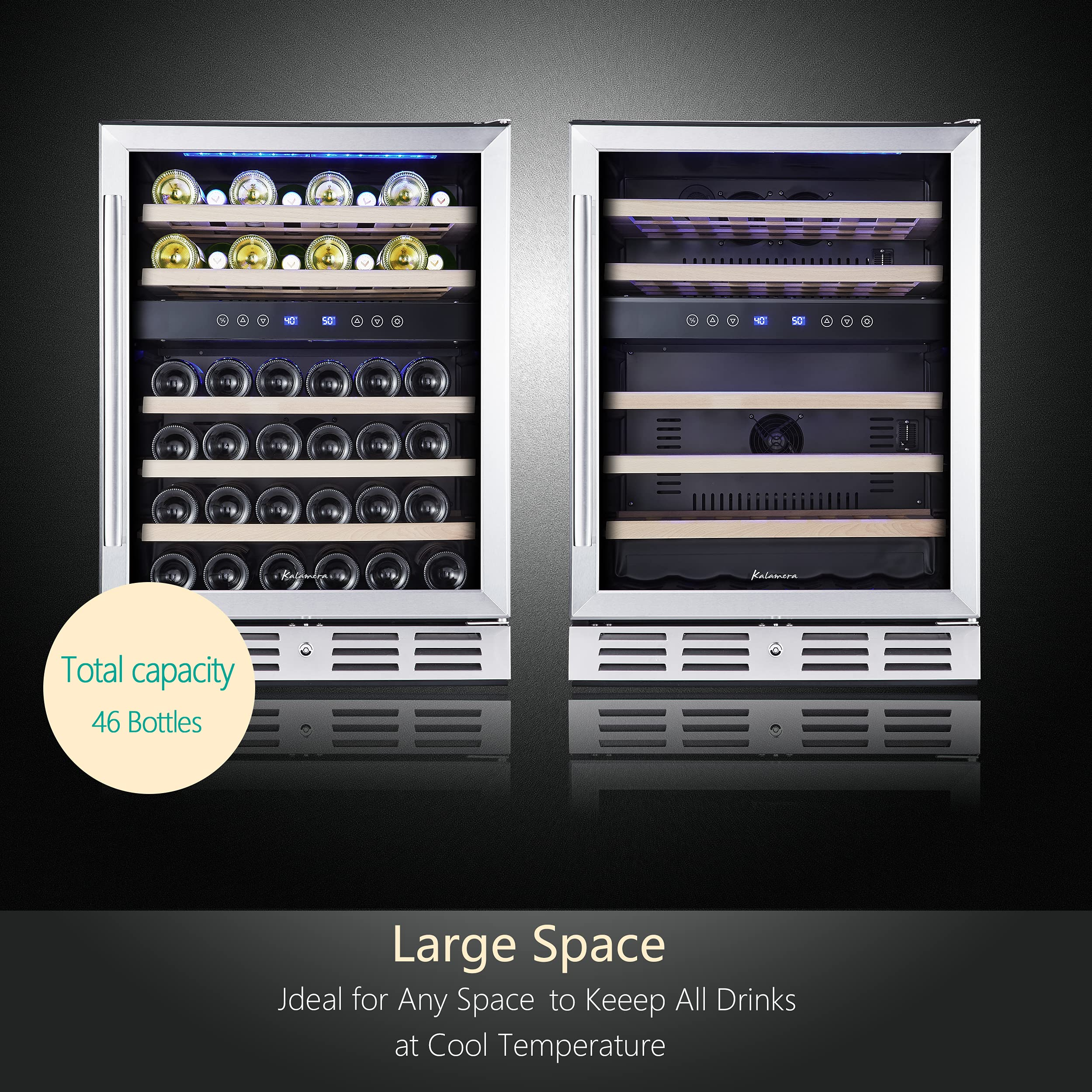 【Appliances】Kalamera 24'' Wine Cooler Refrigerator 46 Bottle Dual Zone Built-in or Freestanding Fridge