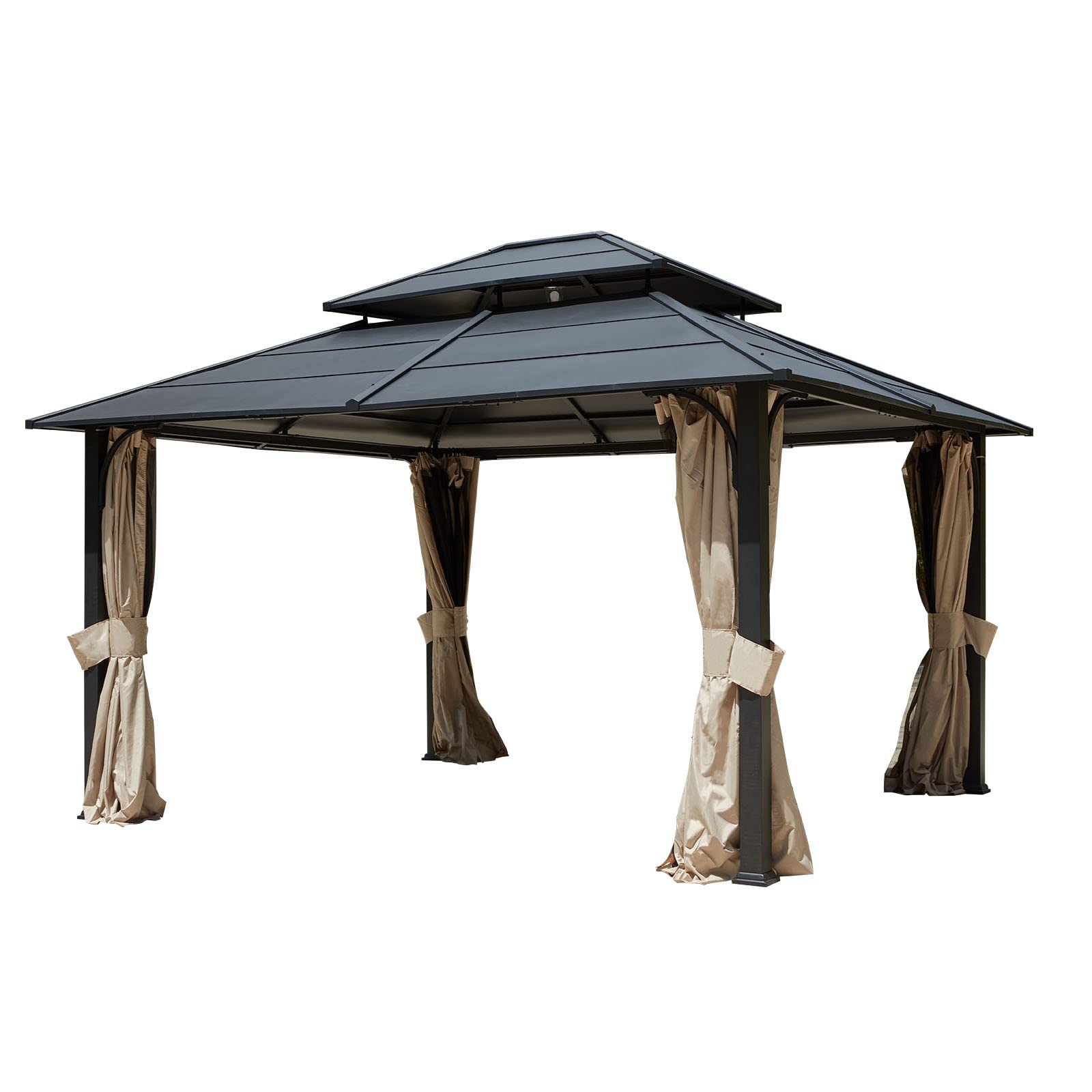 【Gazebo】12x14 Hardtop Gazebo, Iron Double Roof Gazebo with Curtains & Netting, Waterproof Canopy Gazebo