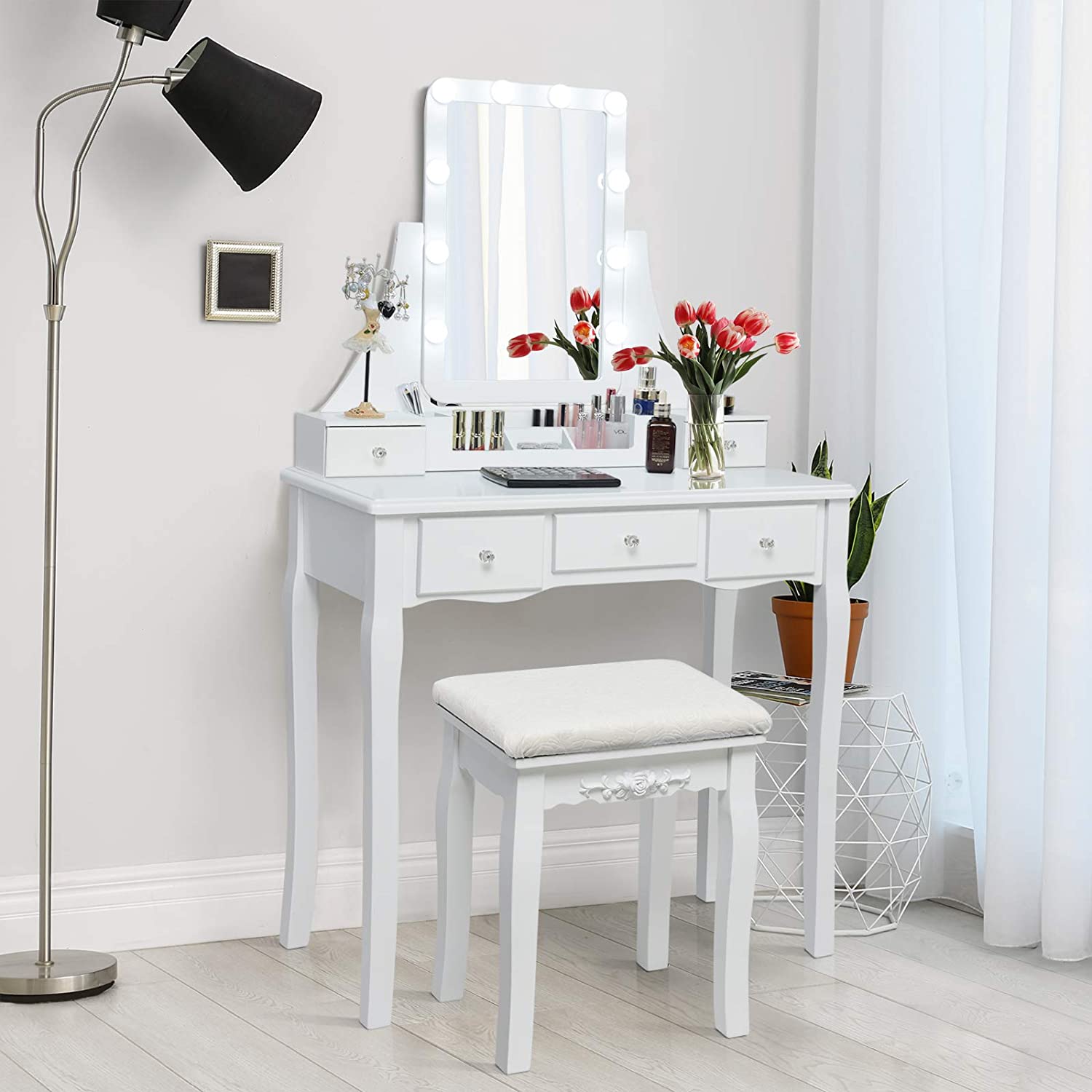 【Furniture】Vanity Set with Lighted Mirror, 10 Dimmable Light Bulbs Vanity 5 Drawer