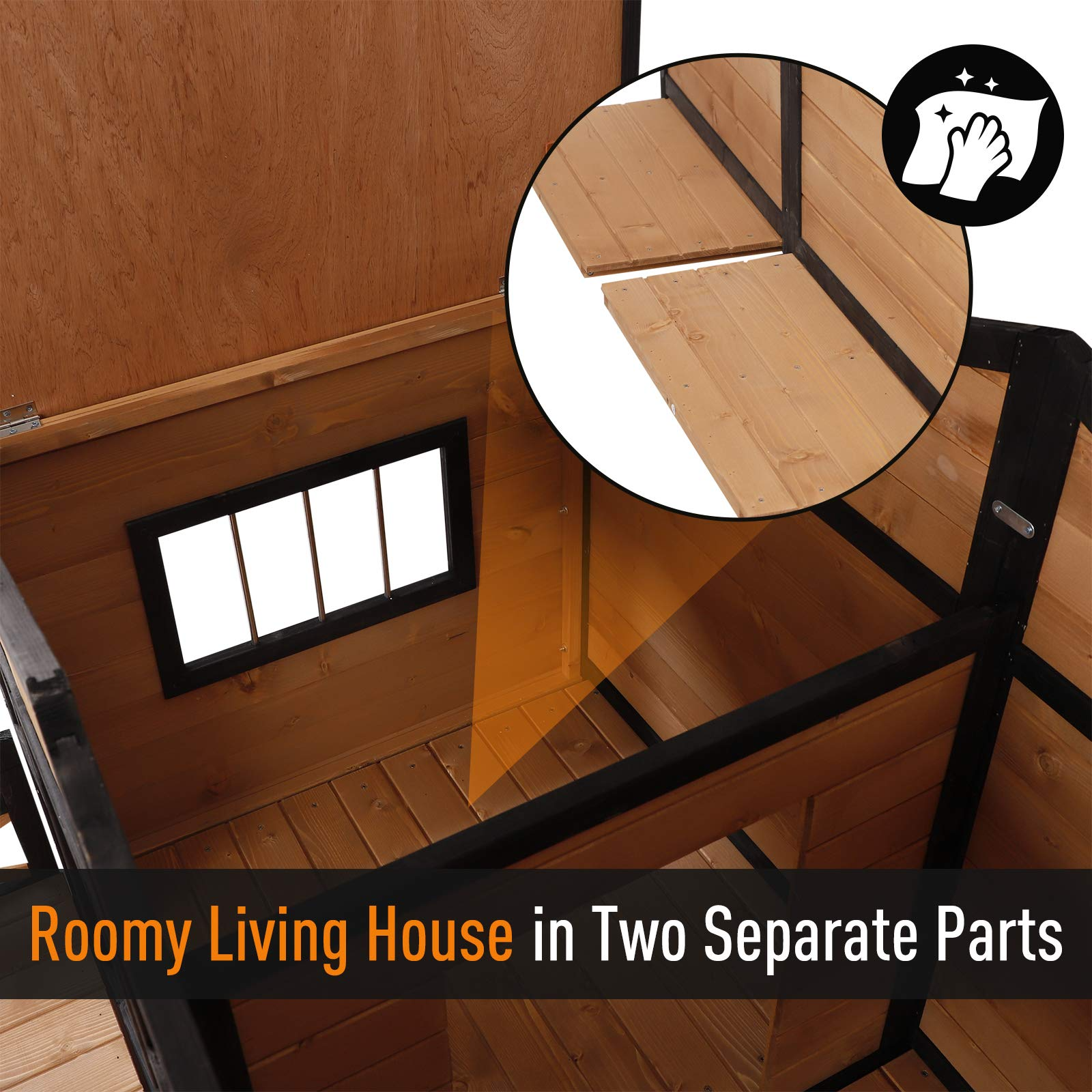 【Pet】59x64x39 Wood Large Dog House Cabin Style Elevated Pet Shelter wPorch Deck Natural