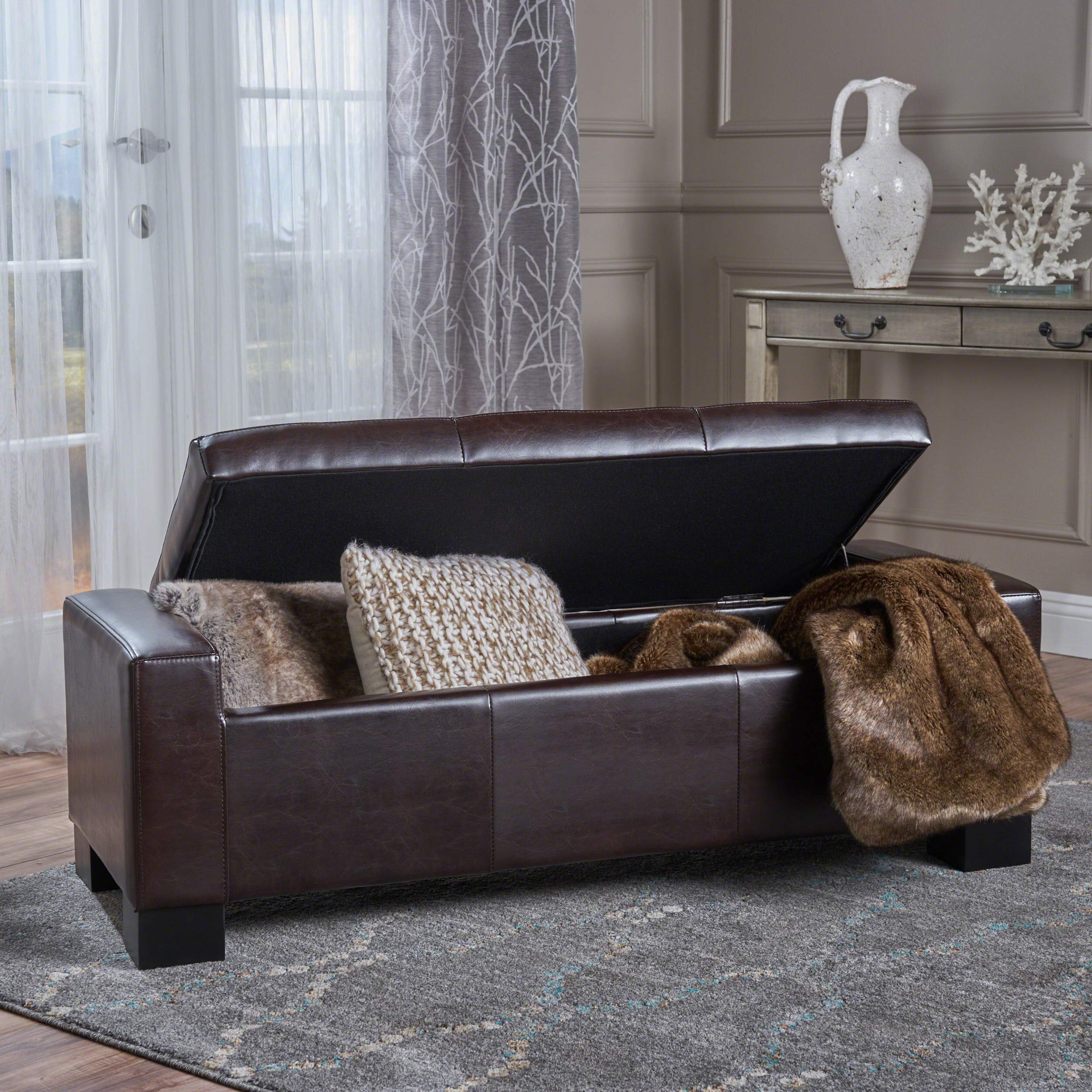 【Furniture】Christopher Knight Home Guernsey Leather Wood-Frame Storage Ottoman