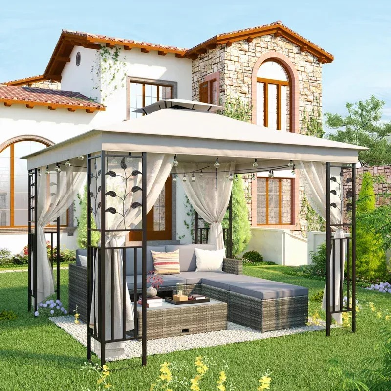 【Gazebo】10x10 Ft Patio BBQ Gazebo w/Side Wall & Mosquito Netting for Outdoor Party Activities, Beige