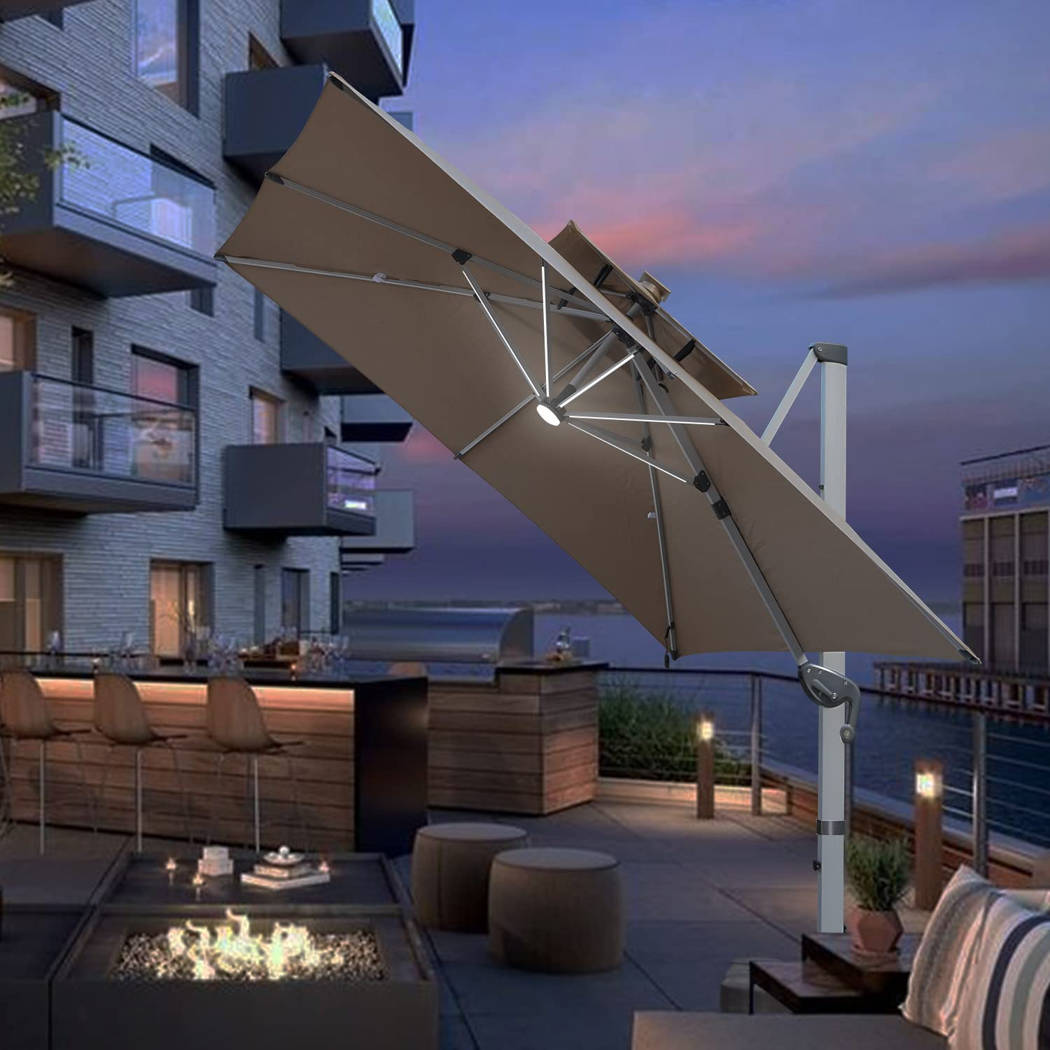 【Home&Garden】10 FT Square Cantilever Umbrella with Solar LED Lights & Cross Base, Large Patio Umbrella