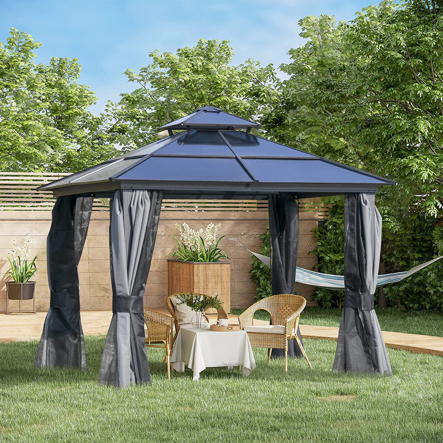 【Gazebo】10'x10', See Through Double Vented Roof, UV & Waterproof Polycarbonate Hardtop Cover