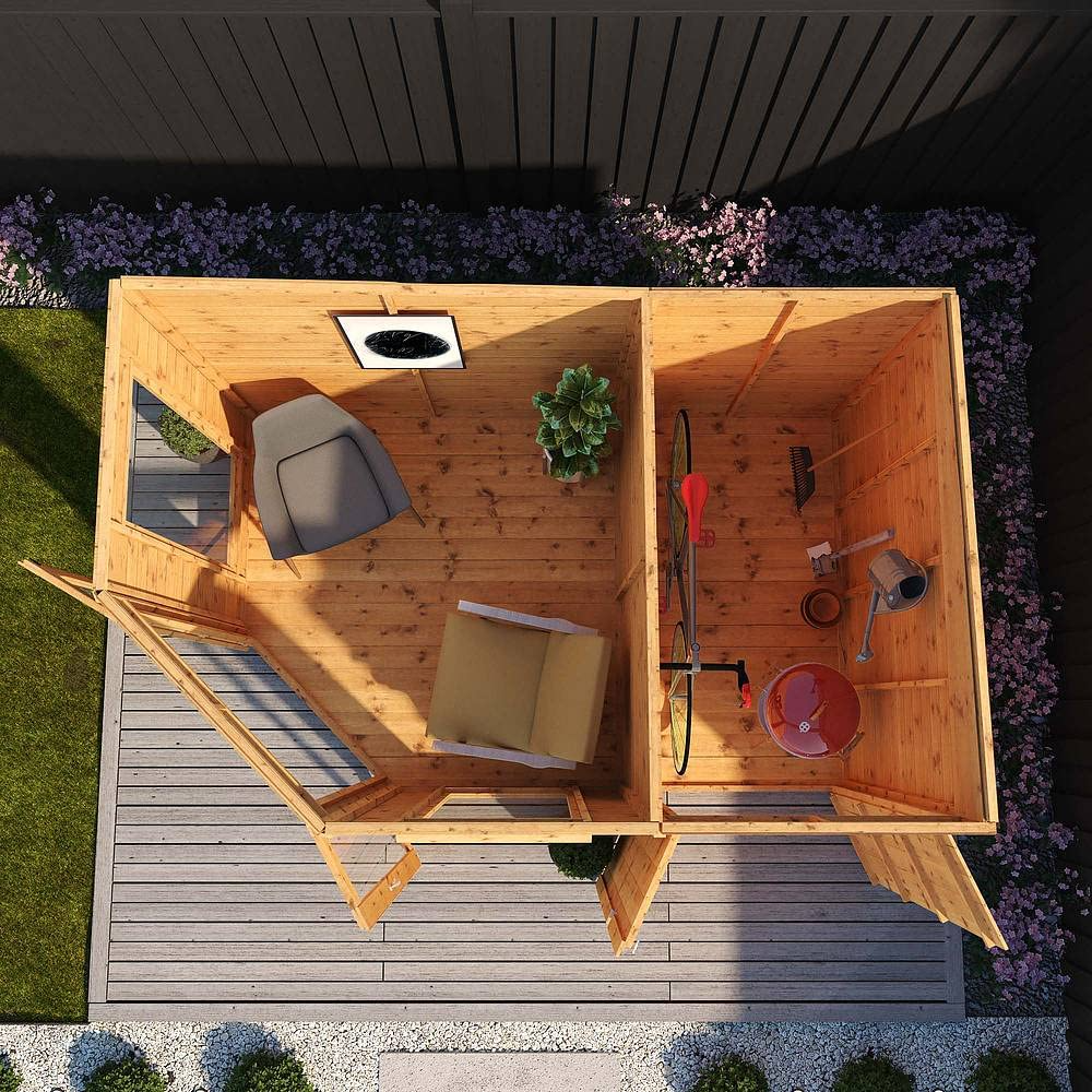 【Home&Garden】Wooden Corner Summerhouse with Side Shed 11x7 Outdoor Garden Storage Garden Room Sunroom