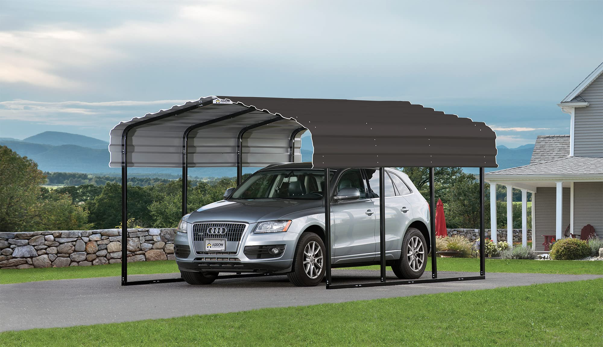 【Home&Garden】10' x 15' x 7' 29-Gauge Carport with Galvanized Steel Roof Panels & Enclosure Kit, Charcoal
