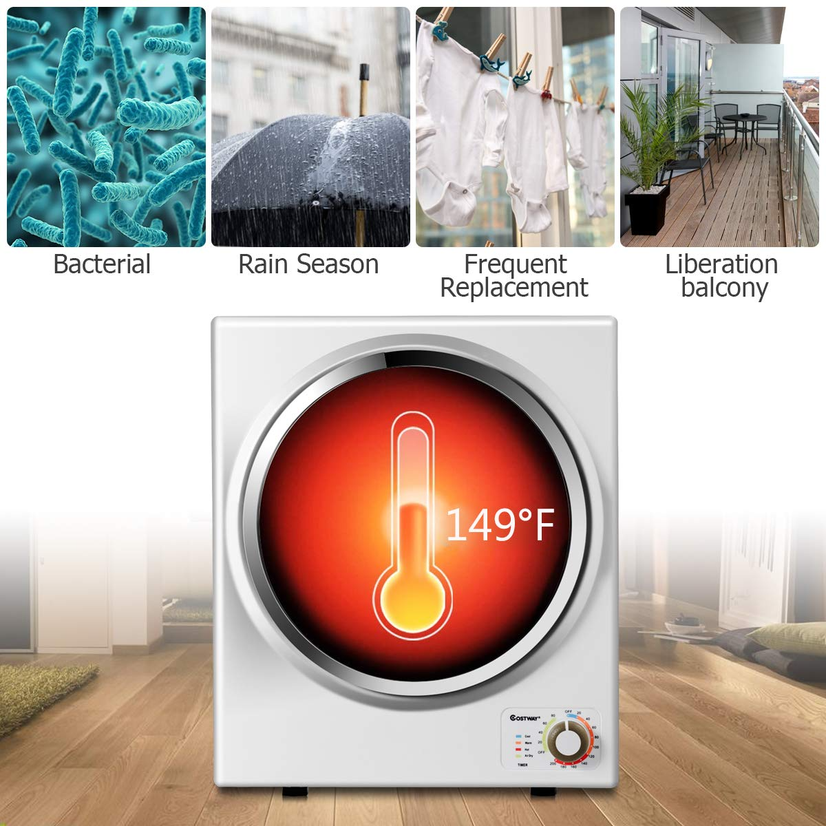 【Appliances】COSTWAY Compact Laundry Dryer, 110V Electric Portable Clothes Dryer with Stainless Steel Tub