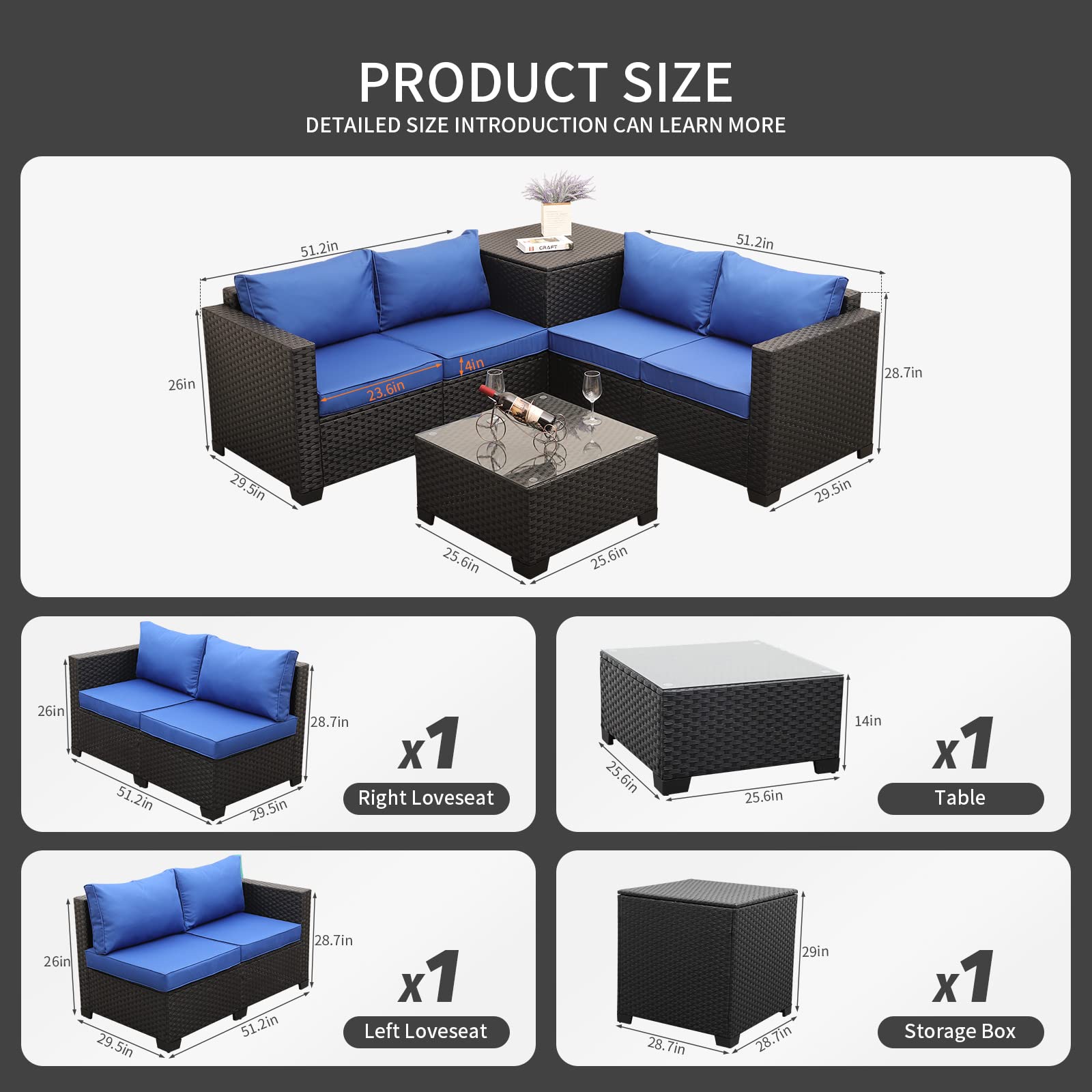 【Furniture】Outdoor PE Wicker Furniture Set 4 Piece Patio Black Rattan Sectional Loveseat Couch Set Conversation Sofa