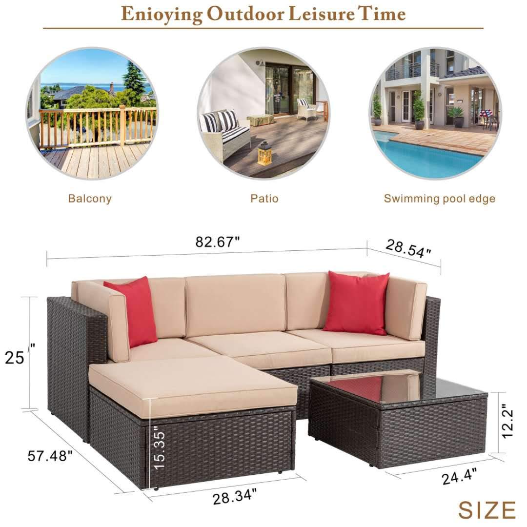 【Furniture】5 Pcs Patio Furniture Sets, All-Weather Brown PE Wicker Outdoor Couch Sectional Patio Set