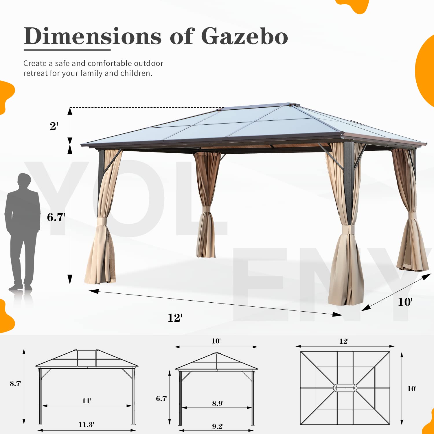 【Gazebo】10'x12' Outdoor Hardtop Polycarbonate Gazebo Canopy Curtains Aluminum Frame for Garden, Patio
