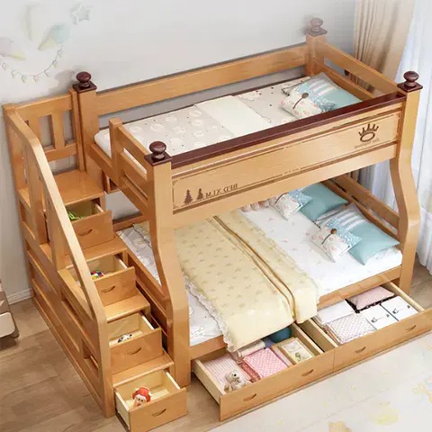【Furniture】2m children bunk bed with rail and ladder, wood, double bed