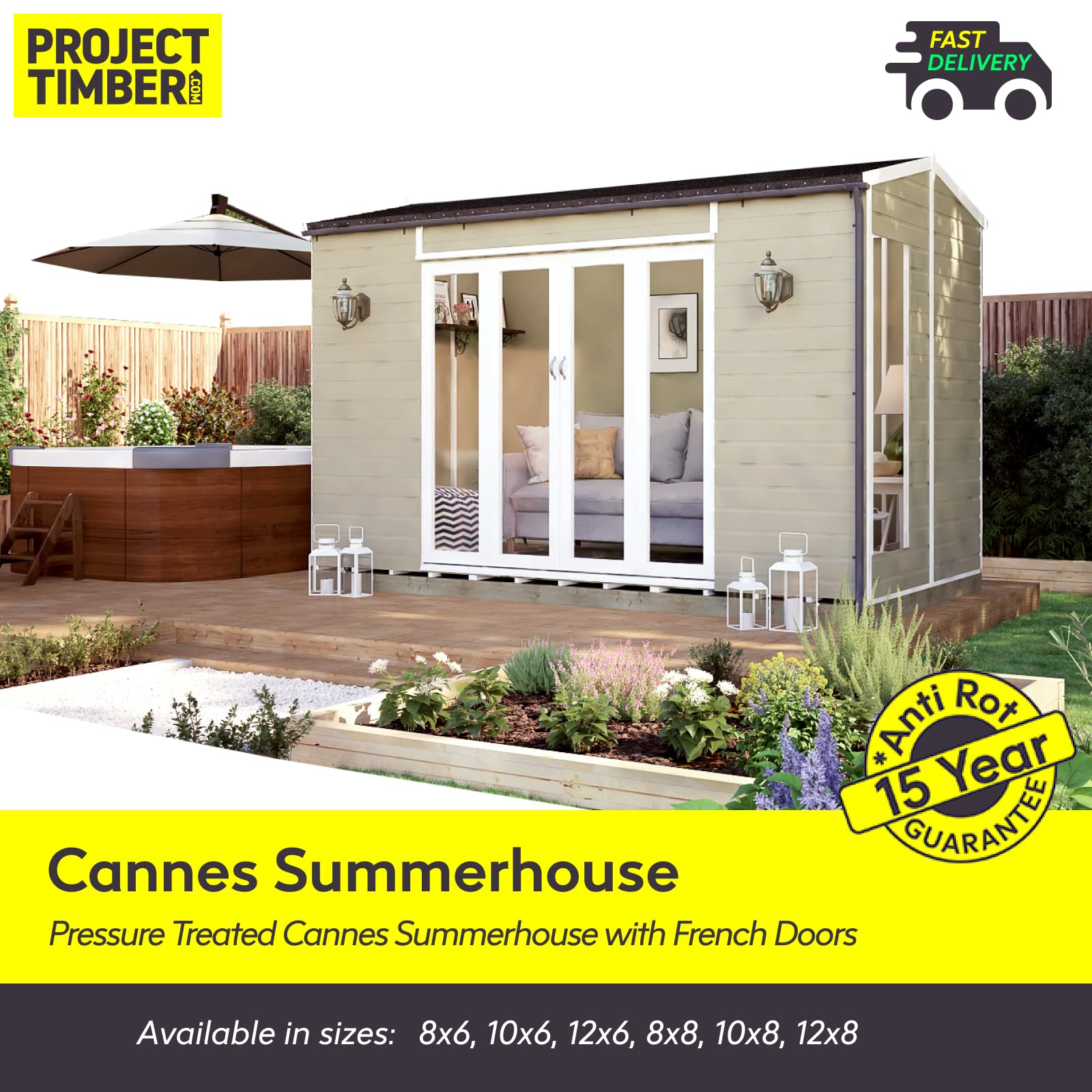【Home&Garden】10x8 Cannes Wooden Summerhouse Garden Shed Wide Bi-fold Double French Doors