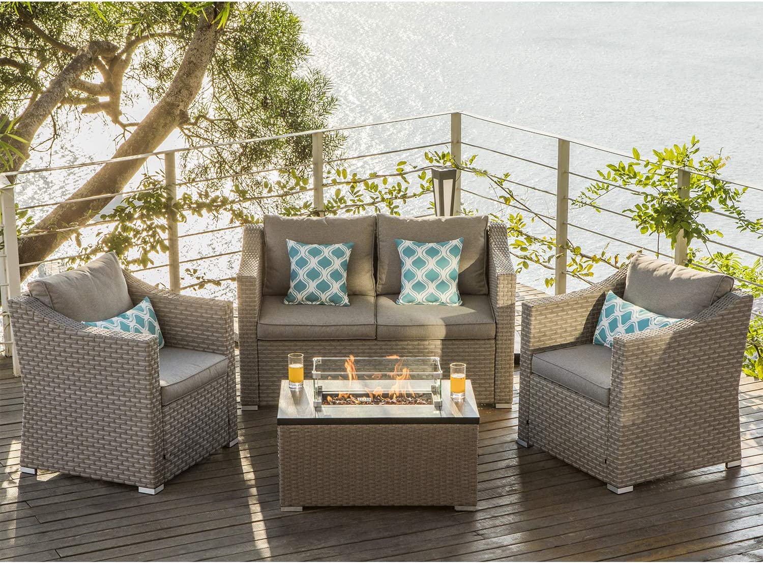 【Furniture】5-Pc Fire Pit Table Outdoor Furniture, Wicker Conversation Set, 4 Pillows w 32