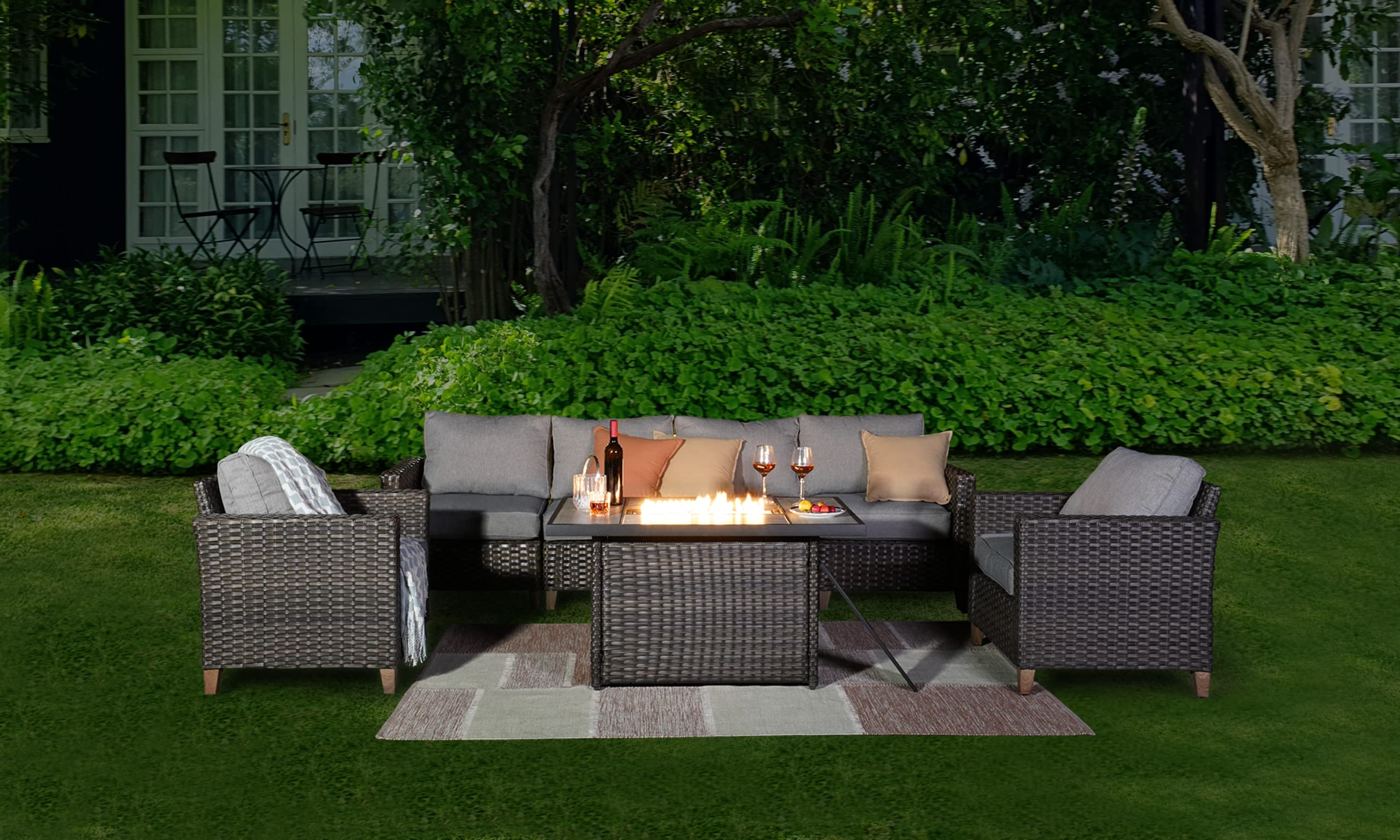 【Home&Garden】Fire Pit Patio Set, All Weather Wicker Patio Furniture Sectional Sofa with Fire Pit Table