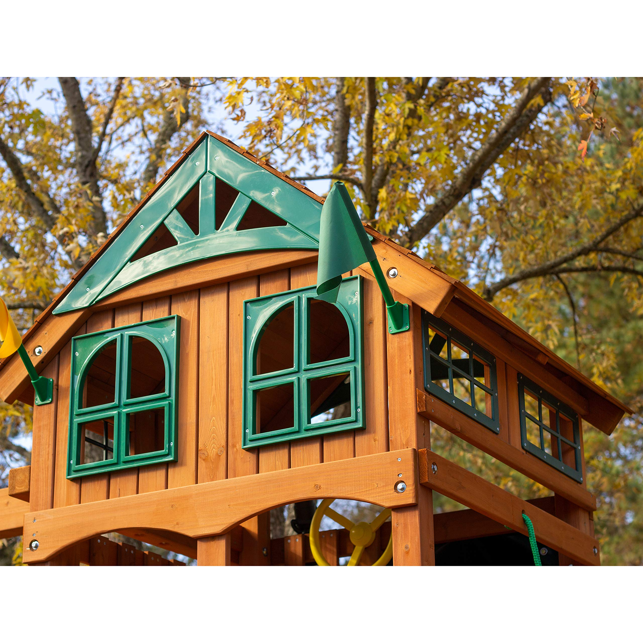 【Baby&Kids】Gorilla Playsets Outdoor Wood Swing Set with Wood Roof & Yellow Slide, Amber