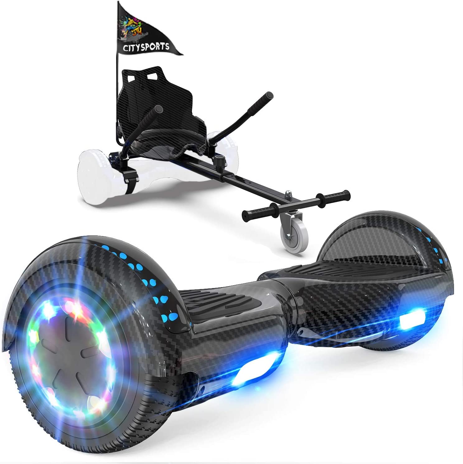 GeekMe hoverboards go kart attachment, Hoverboards with Hoverkart 6.5 inch with Bluetooth Speaker, LED Lights, Gift for Kid, Teenager and Adult