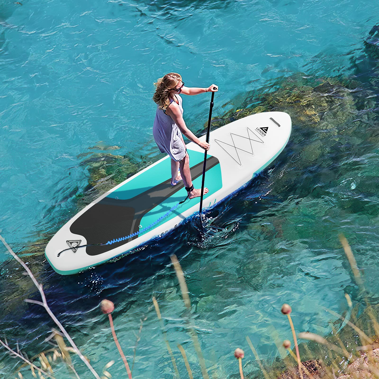 【Sports&Outdoors】Inflatable Stand up Board with Fins Adjustable Paddle Kayak Leash Backpack Pump