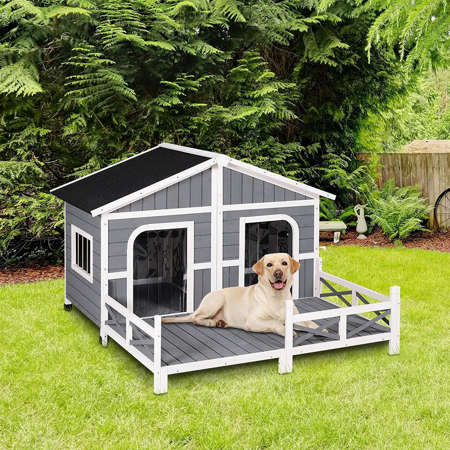 【Pet】59x64x39 Wood Large Dog House Cabin Style Elevated Pet Shelter wPorch Deck Natural