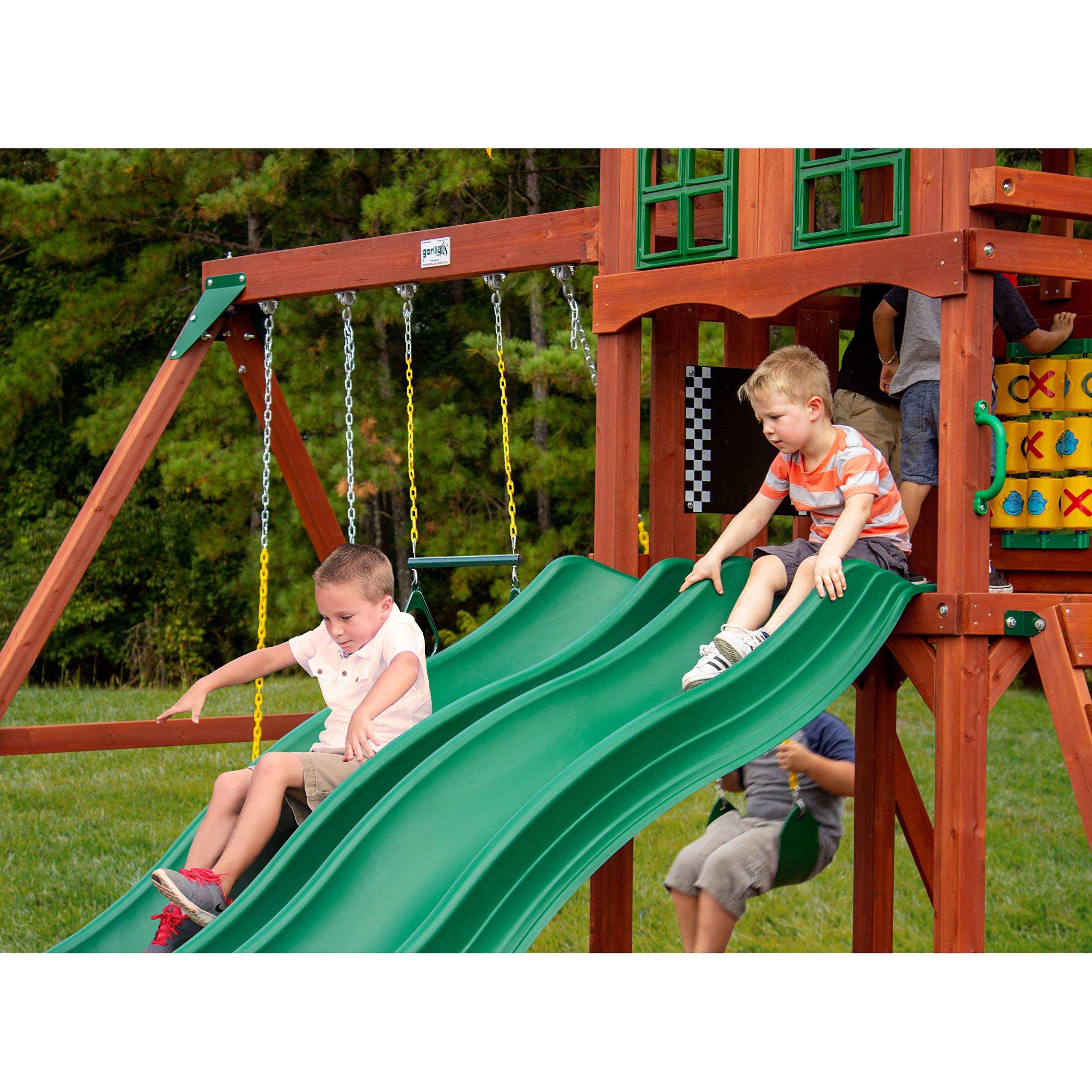 【Baby&Kids】Deluxe Wooden Swing Set with Vinyl Canopy Roof, Dual Wave Slides, and Rock Climbing Wall