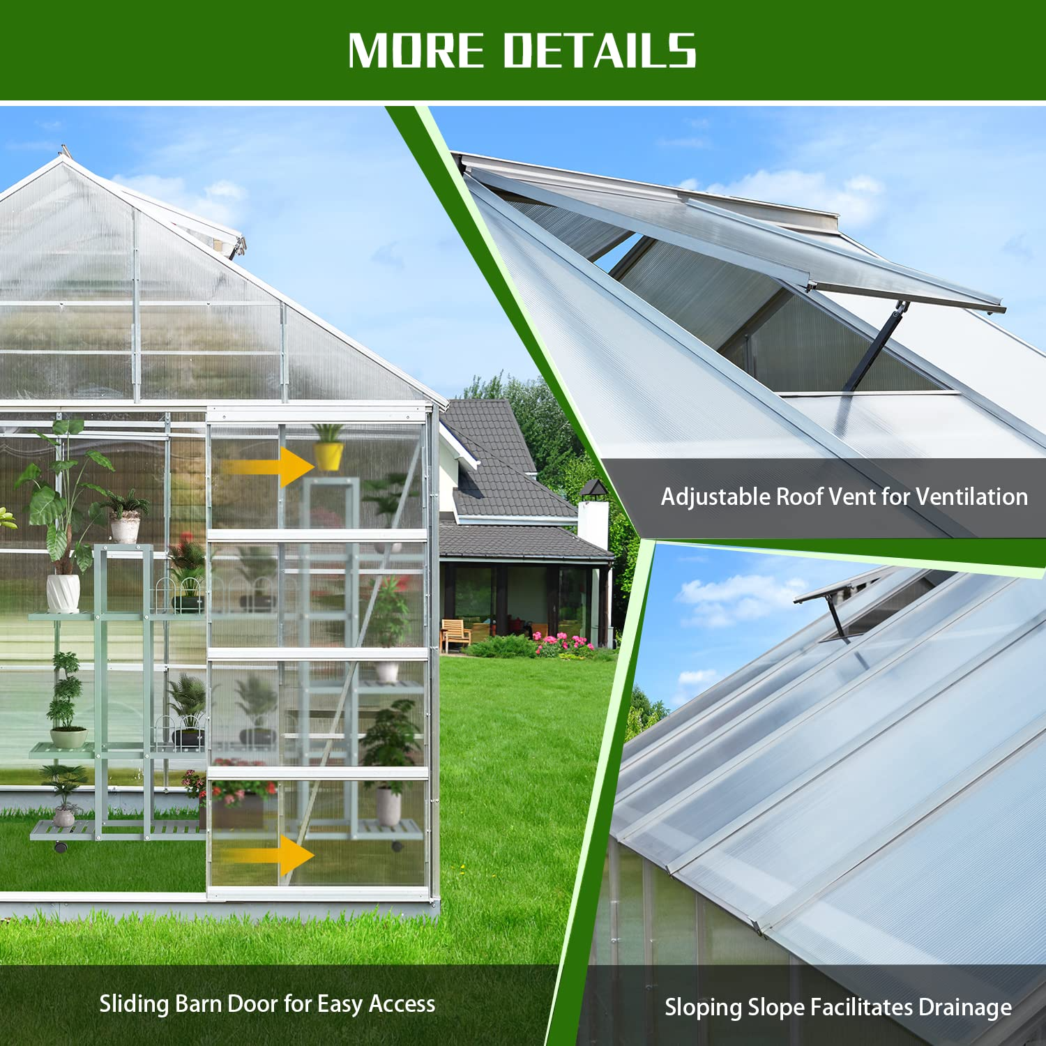 【Home&Garden】12'x10'x10.3' Outdoor Walk-in Hobby Greenhouse for Plants, Polycarbonate Aluminum Green House