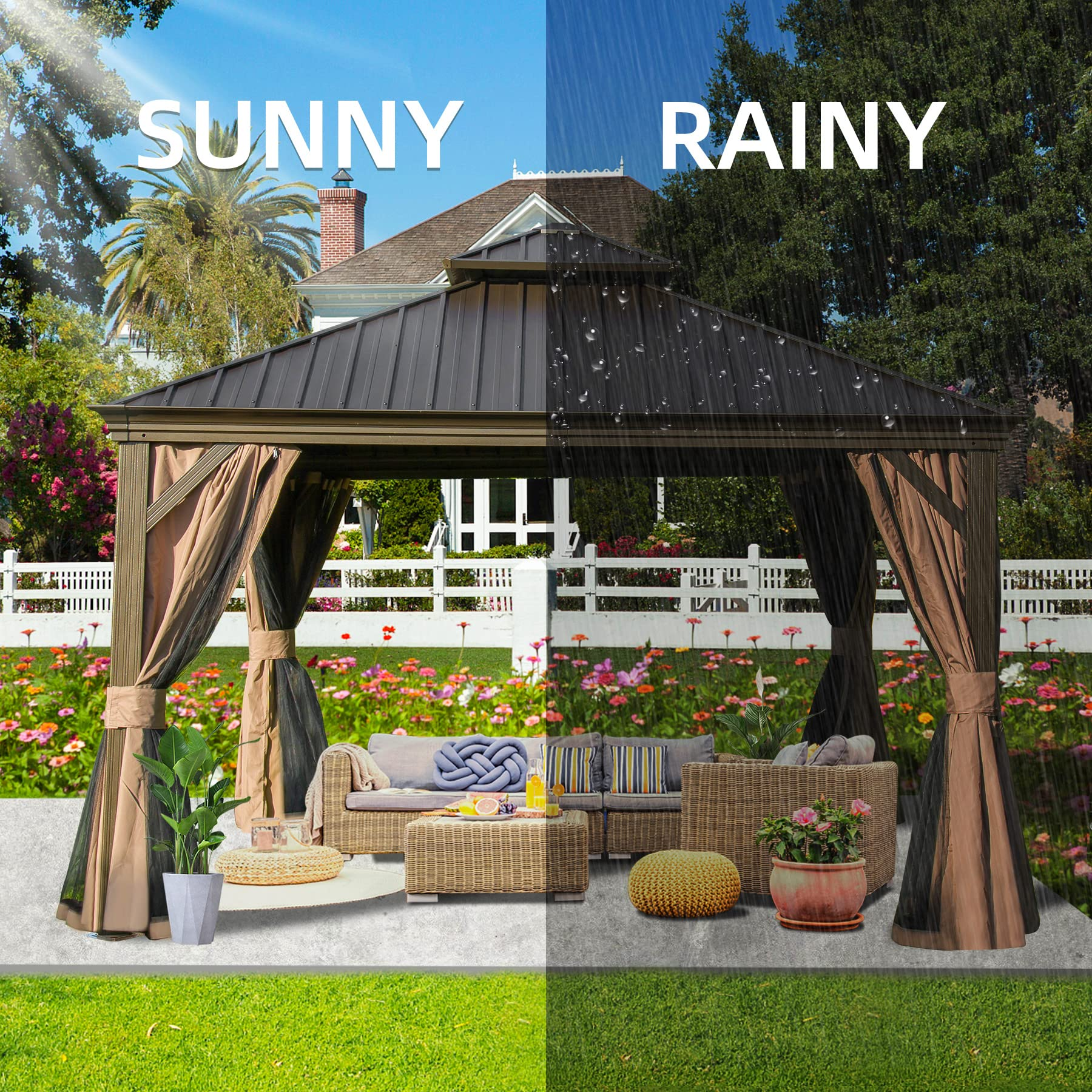 【Gazebo】10x12 Hardtop Gazebo Outdoor Aluminum Gazebos Grill with Galvanized Steel Double Canopy