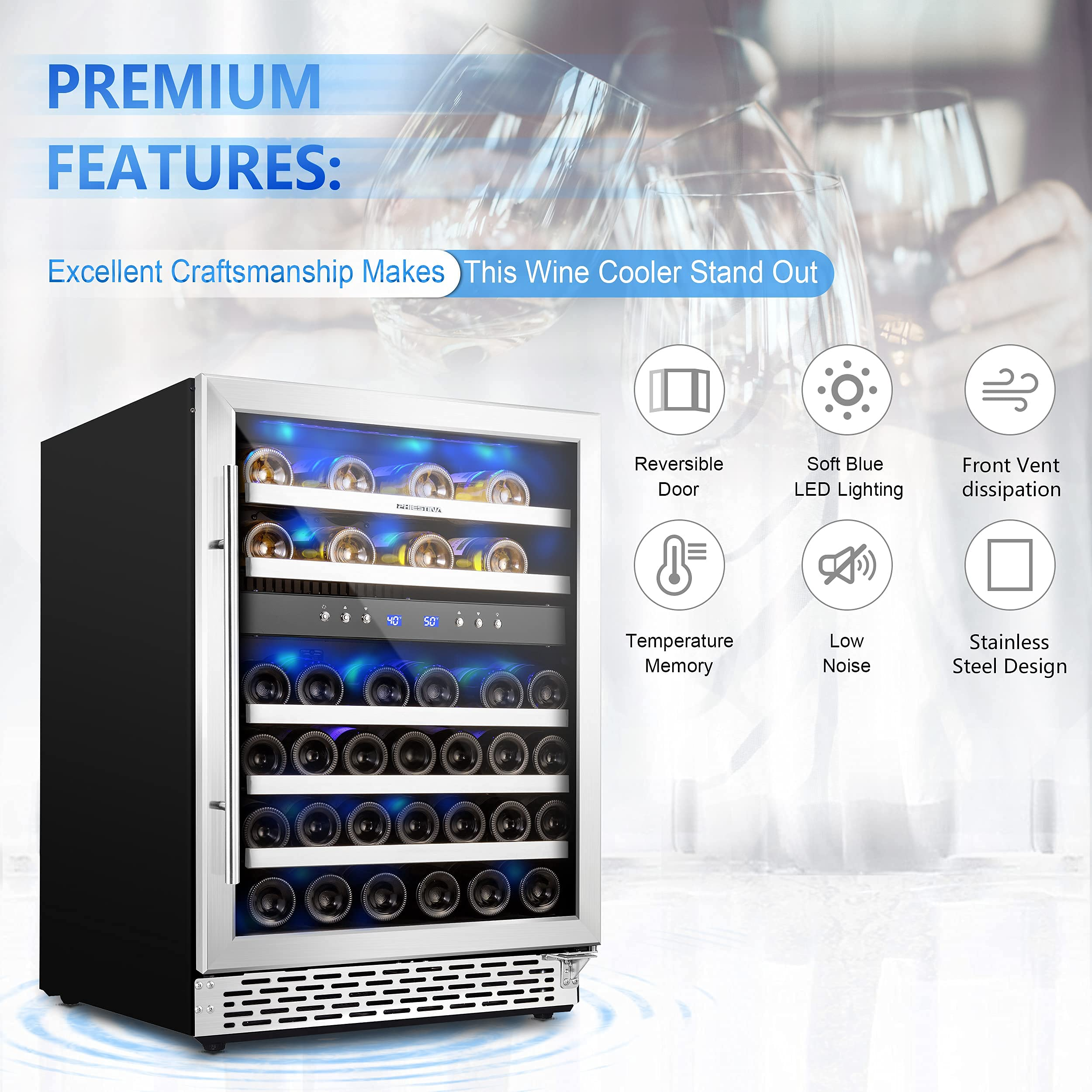 【Appliances】Phiestina 24 Inch Under Counter Wine Cooler - 46 Bottle Built-In Dual Zone Compressor Wine Refrigerator