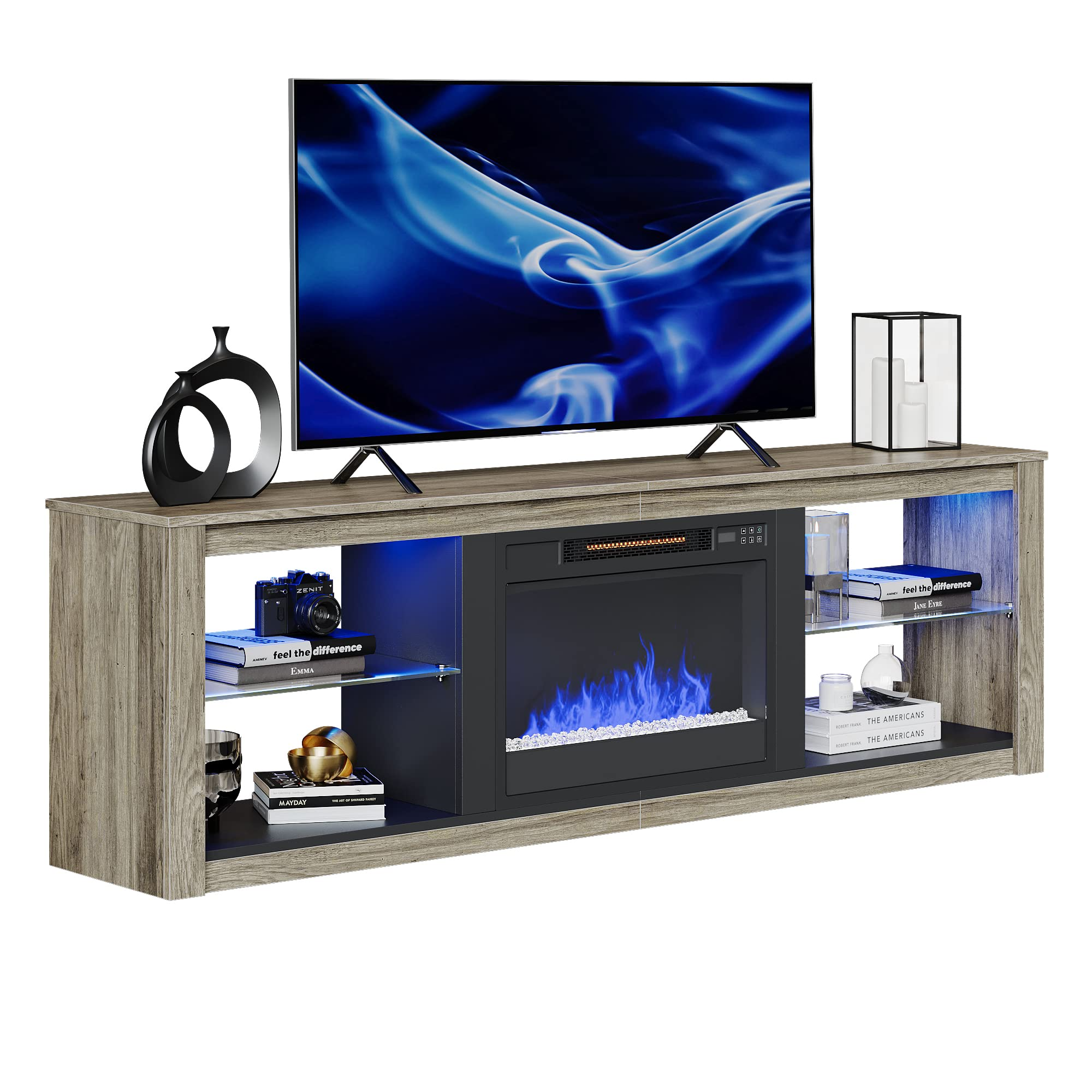 【Furniture】Fireplace TV Stand for 75 inch TV with 23 inch Electric Fireplace, 70 inch Entertainment Center