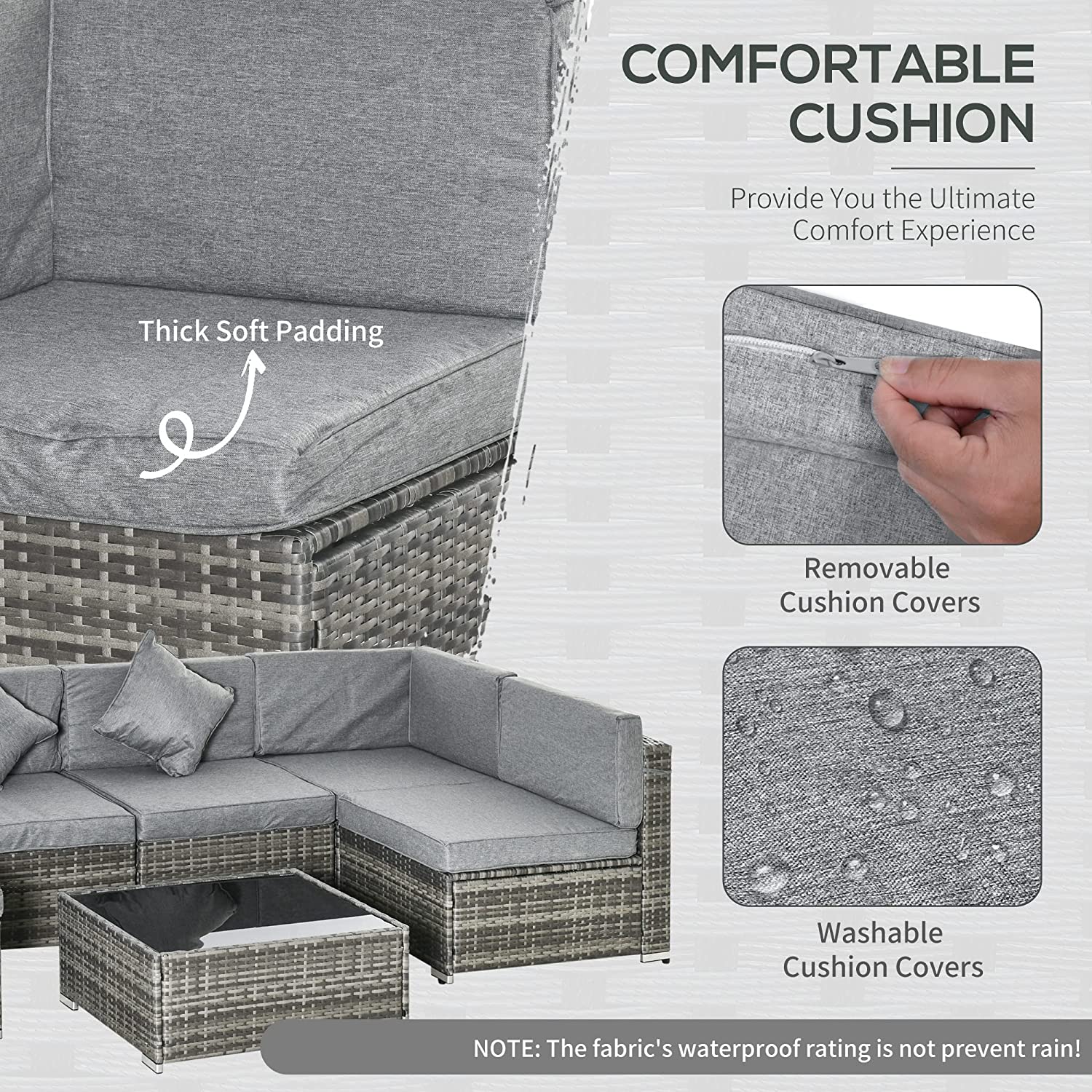 【Furniture】【BS】7 Pcs Outdoor Rattan Furniture Set, Patio Wicker Sectional Conversation Sofa Set, Grey