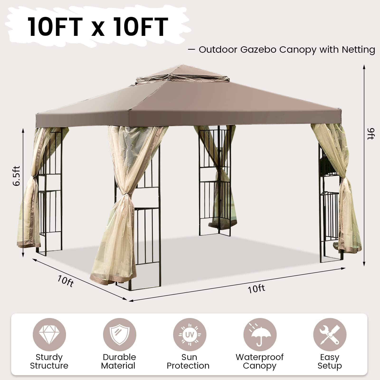 【Gazebo】10x10 Feet Patio Gazebo, Outdoor Gazebo Canopy Shelter w/ Netting
