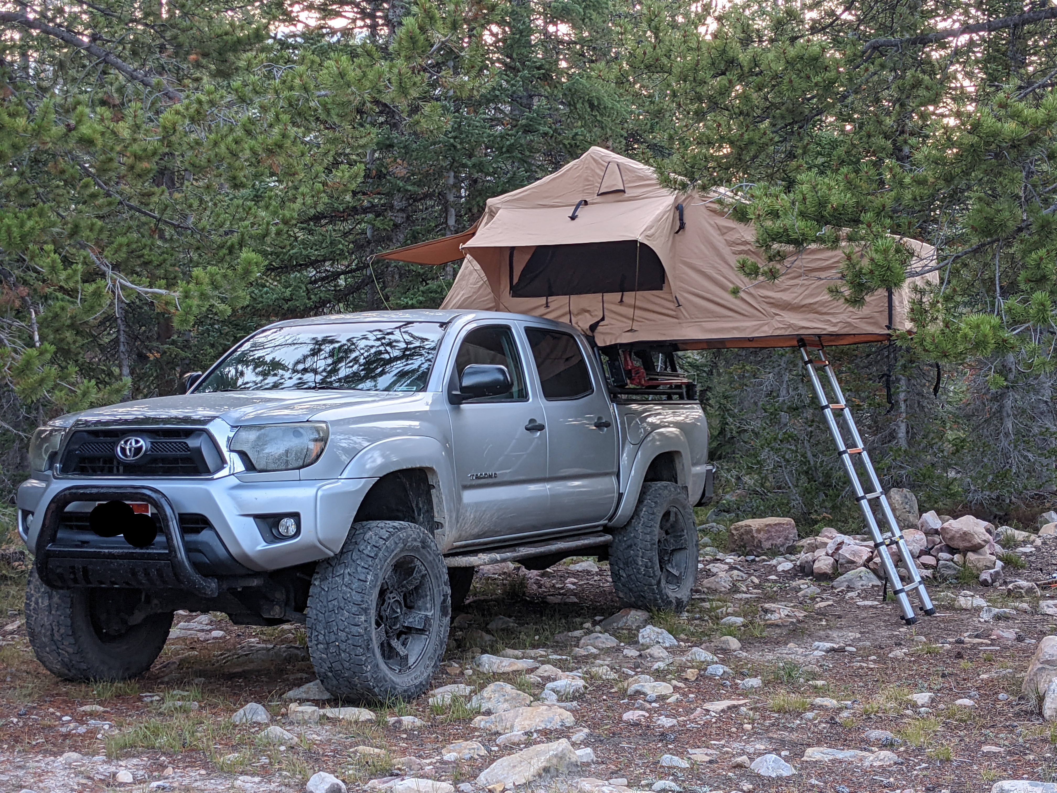 Overland Vehicle Systems TMBK 3 Person Roof Top Tent with Rain Fly Tan Body & Green Rainfly - Black Aluminum Base with Black Ladder - Universal Fitment