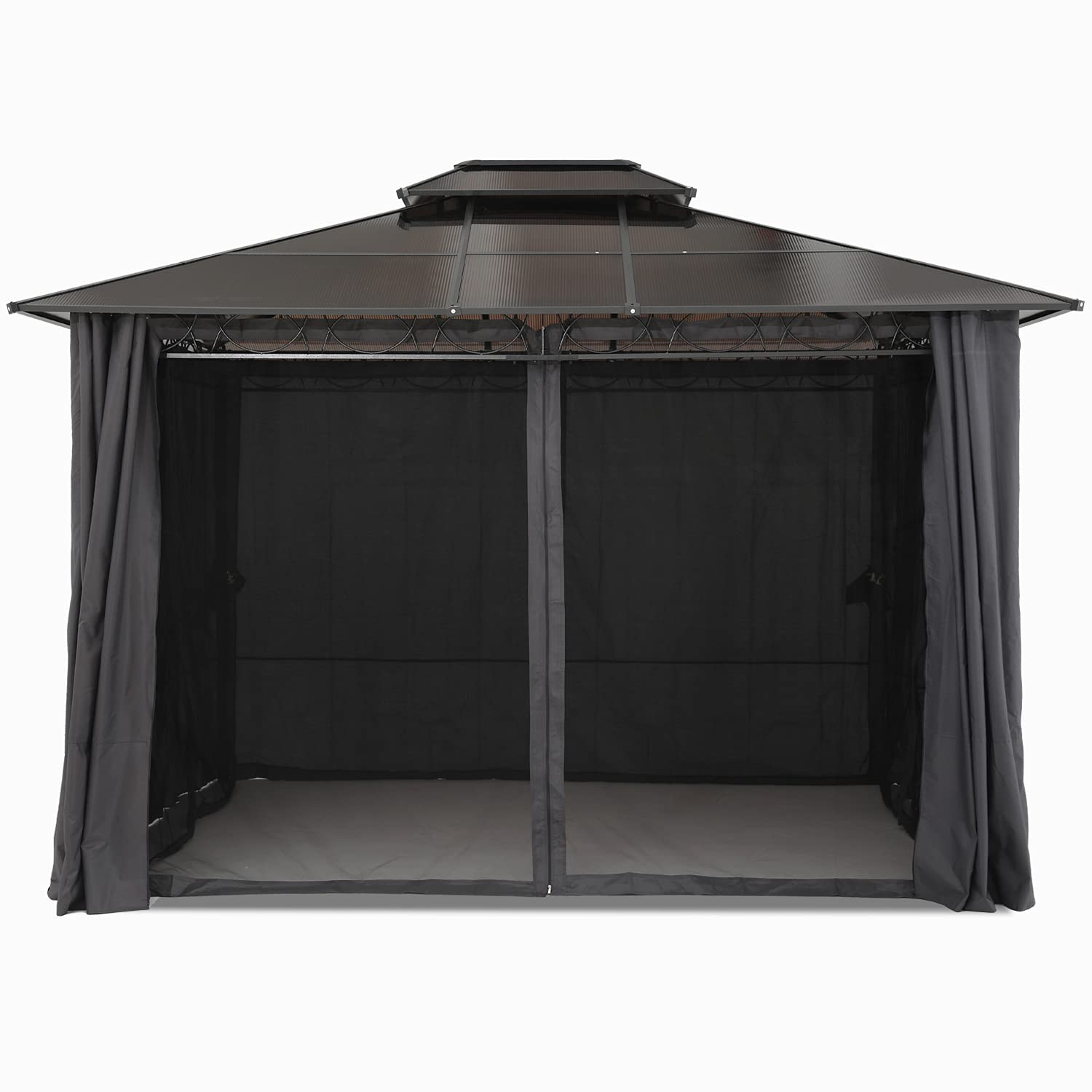 【Gazebo】10x12 Double Roof Hardtop Patio Gazebo Canopy Aluminum Frame with Netting & Screen Walls Curtains