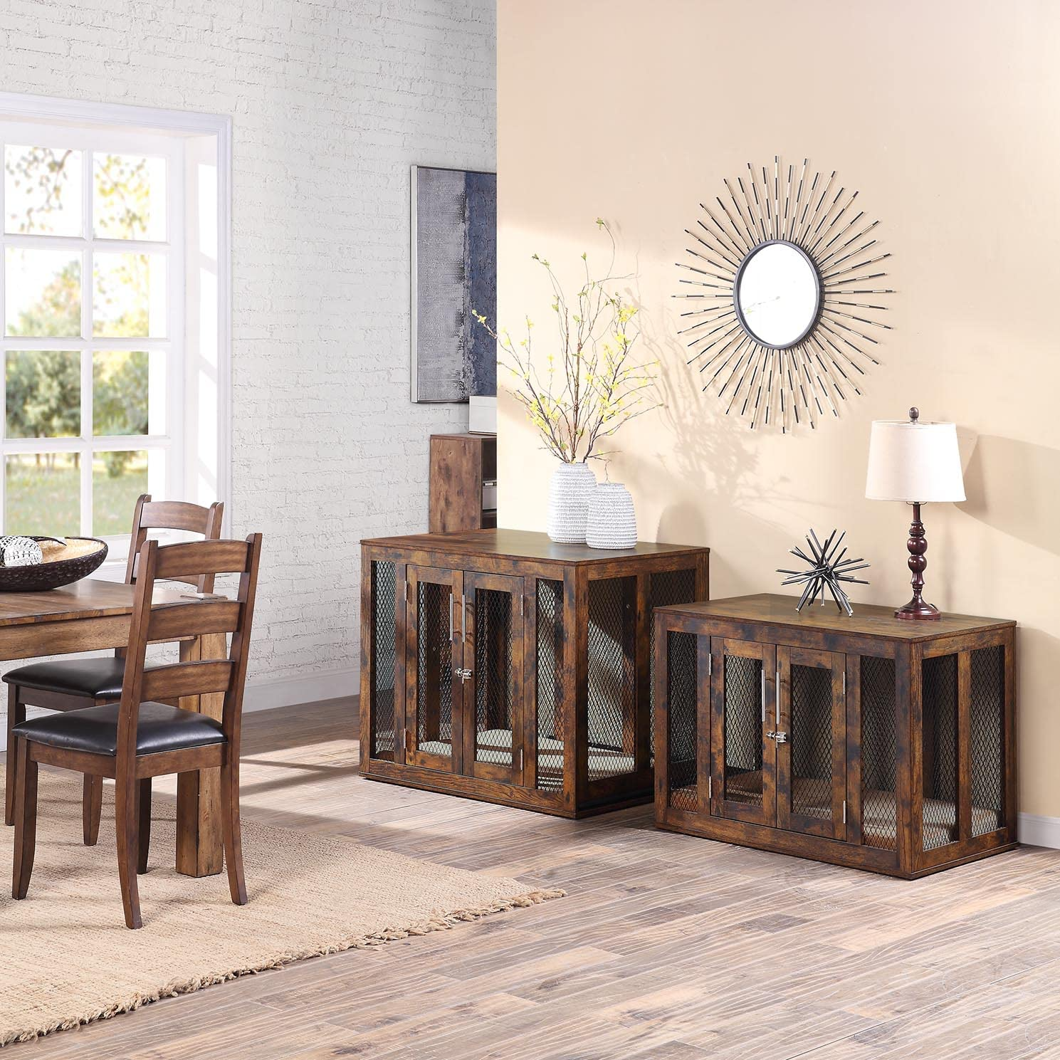 【Pet】Furniture Style Dog Crate with Cushion & Tray, Mesh Dog Kennels, End Table Dog House