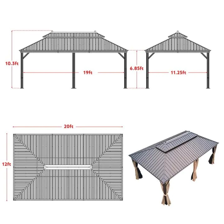 【Gazebo】20 Ft. W x 12 Ft. D Galvanized Steel Patio Gazebo