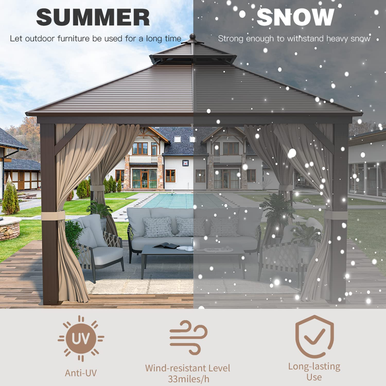 【Gazebo】Hardtop Gazebo Galvanized Steel Outdoor Gazebo Canopy Double Roof Pergolas Aluminum Frame