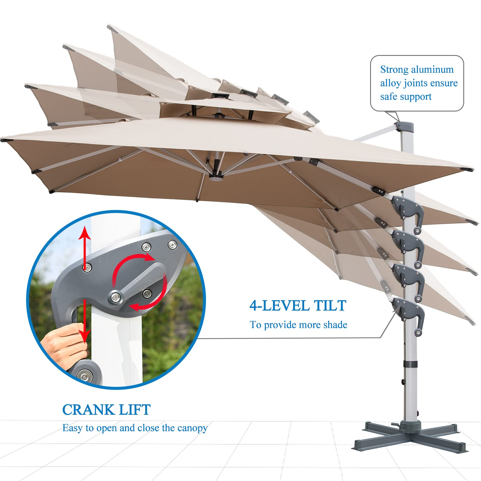 【Home&Garden】10 FT Square Cantilever Umbrella with Solar LED Lights & Cross Base, Large Patio Umbrella