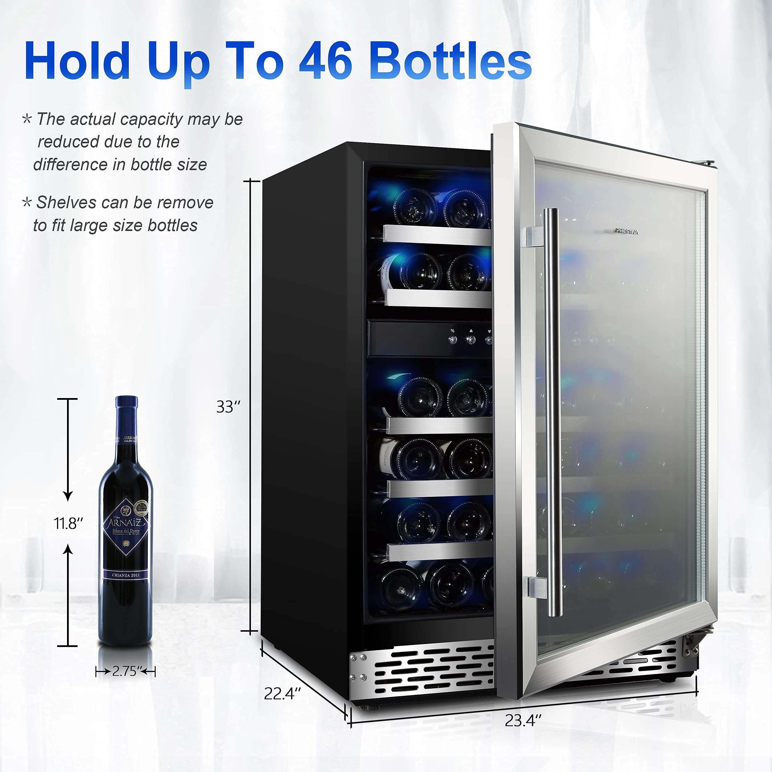 【Appliances】Phiestina 24 Inch Under Counter Wine Cooler - 46 Bottle Built-In Dual Zone Compressor Wine Refrigerator