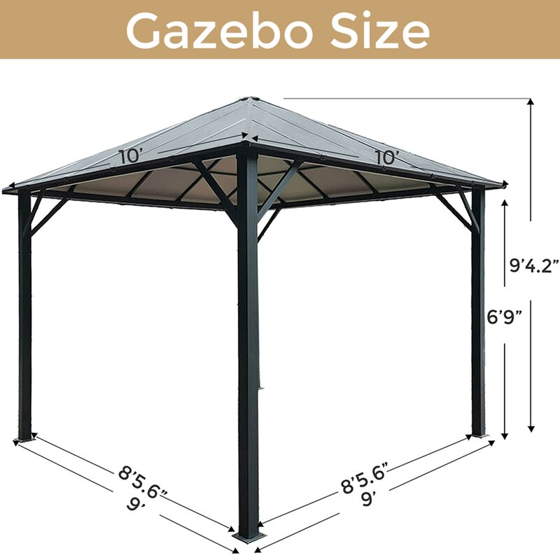 【Gazebo】10x10 ft Hardtop Gazebo, Outdoor Canopy Gazebo with Netting & Shaded Curtains for Patio