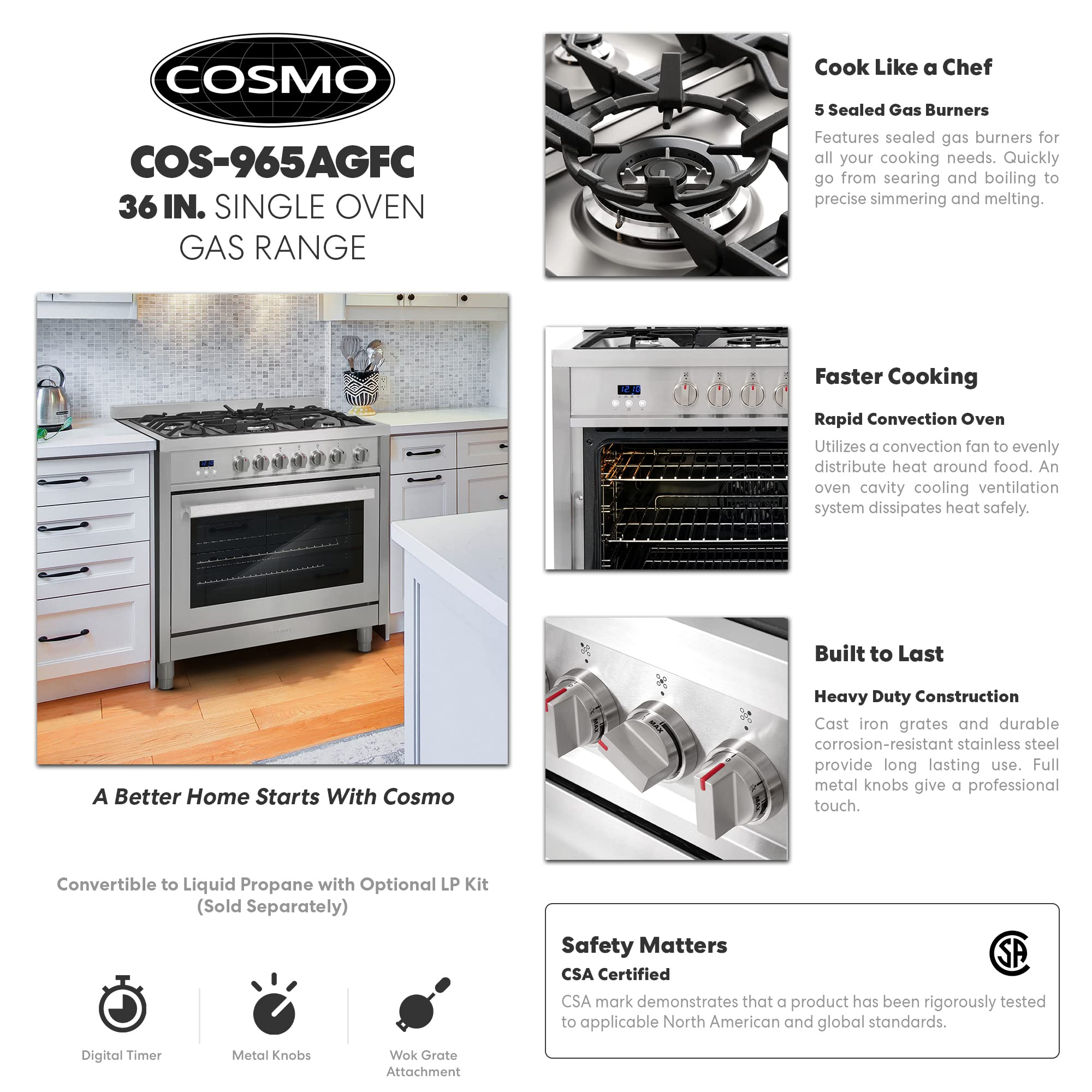 【Appliances】36 in. Gas Range with 5 Burner Cooktop, 3.8 cu. ft. Capacity Rapid Convection Oven with 5 Functions