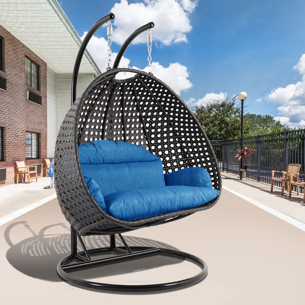 【Furniture】2 Person Hanging Double Swing Chair, X-Large Wicker Rattan Egg Chair with Stand and Cushion