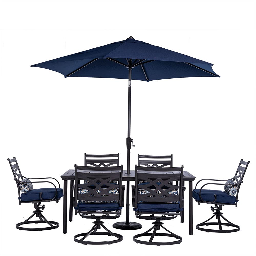 【Furniture】7-Piece Outdoor Patio Dining Set, 6 Swivel Rocker Chairs with Seat & Cushions, 40