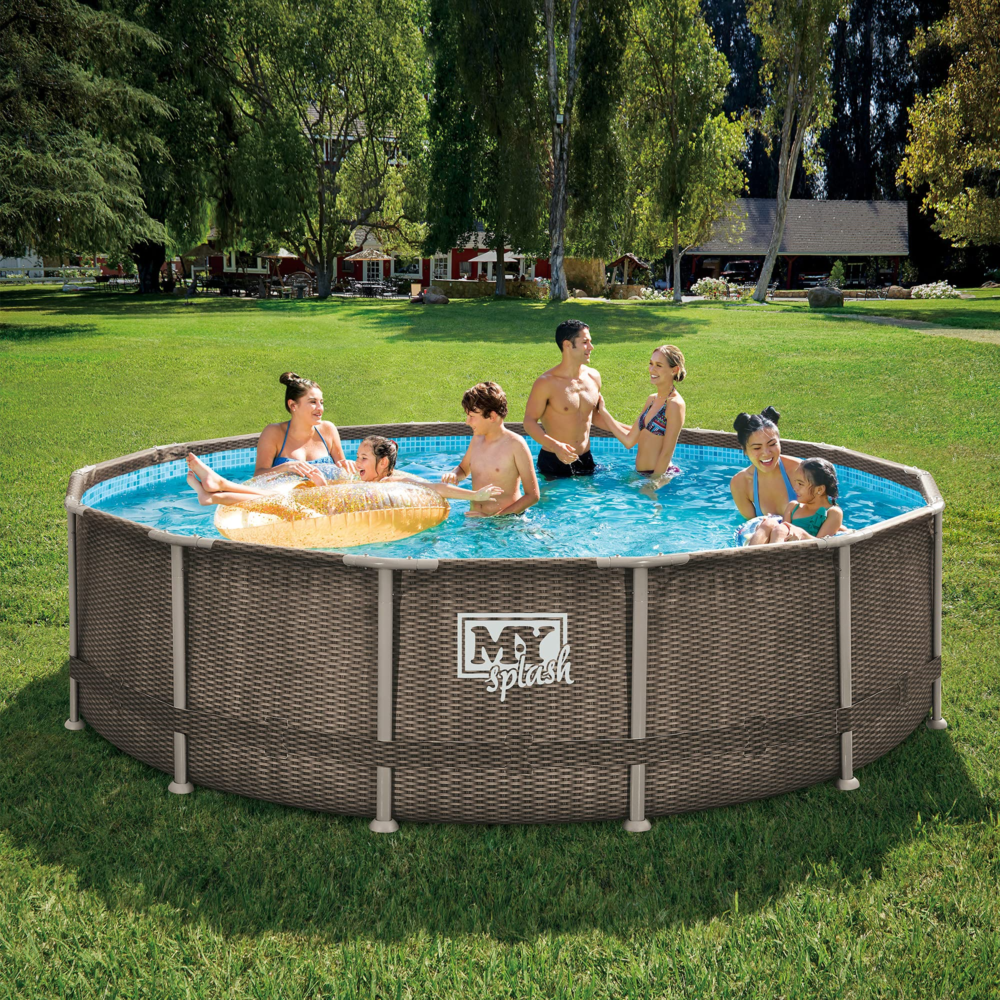 【Sports&Outdoors】14ft x 42in Rattan Finish Metal Frame Swimming Pool Set