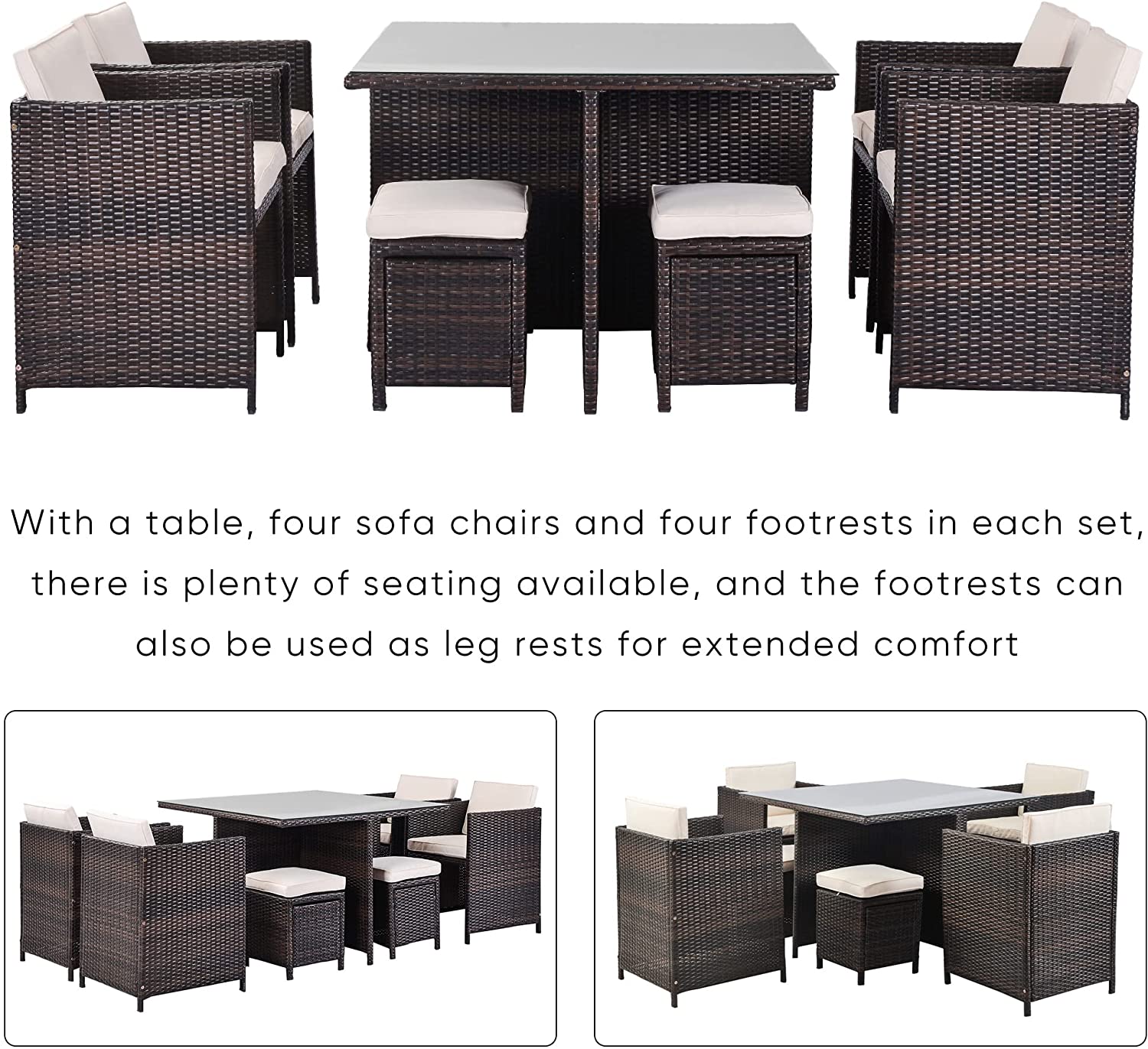 【Home&Garden】9 Pieces Patio Dining Sets Outdoor Space Saving Rattan Chairs with Glass Table