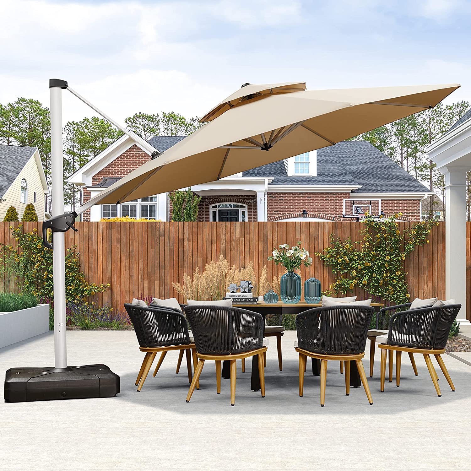 【Home&Garden】13 Ft Double Top Round Deluxe Patio Umbrella Offset Hanging Umbrella Outdoor Garden Umbrella