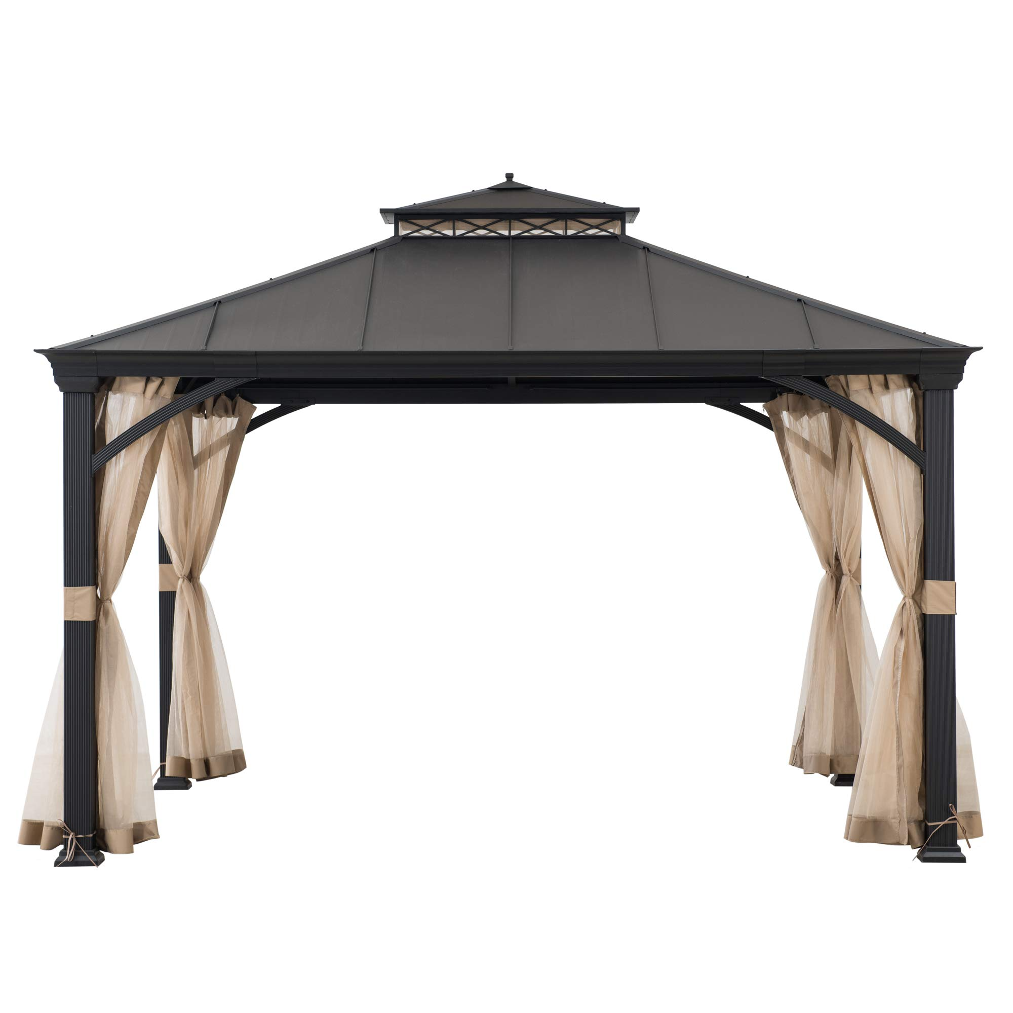 【Gazebo】10.5x12.5 ft. Outdoor Patio Black Steel Frame Hardtop Gazebo with 2-Tier Steel Roof & Mesh Netting