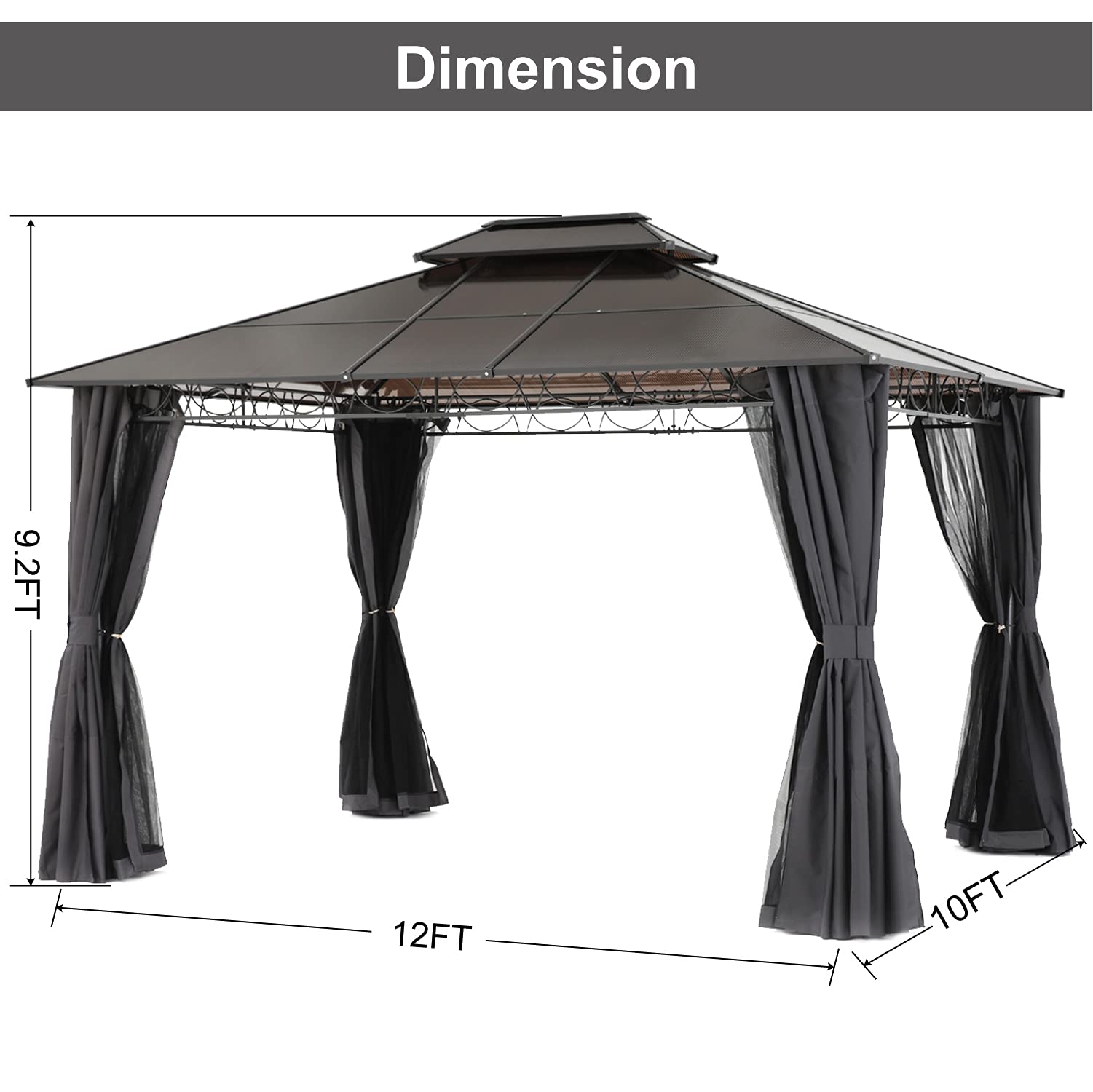 【Gazebo】10x12 Double Roof Hardtop Patio Gazebo Canopy Aluminum Frame with Netting & Screen Walls Curtains